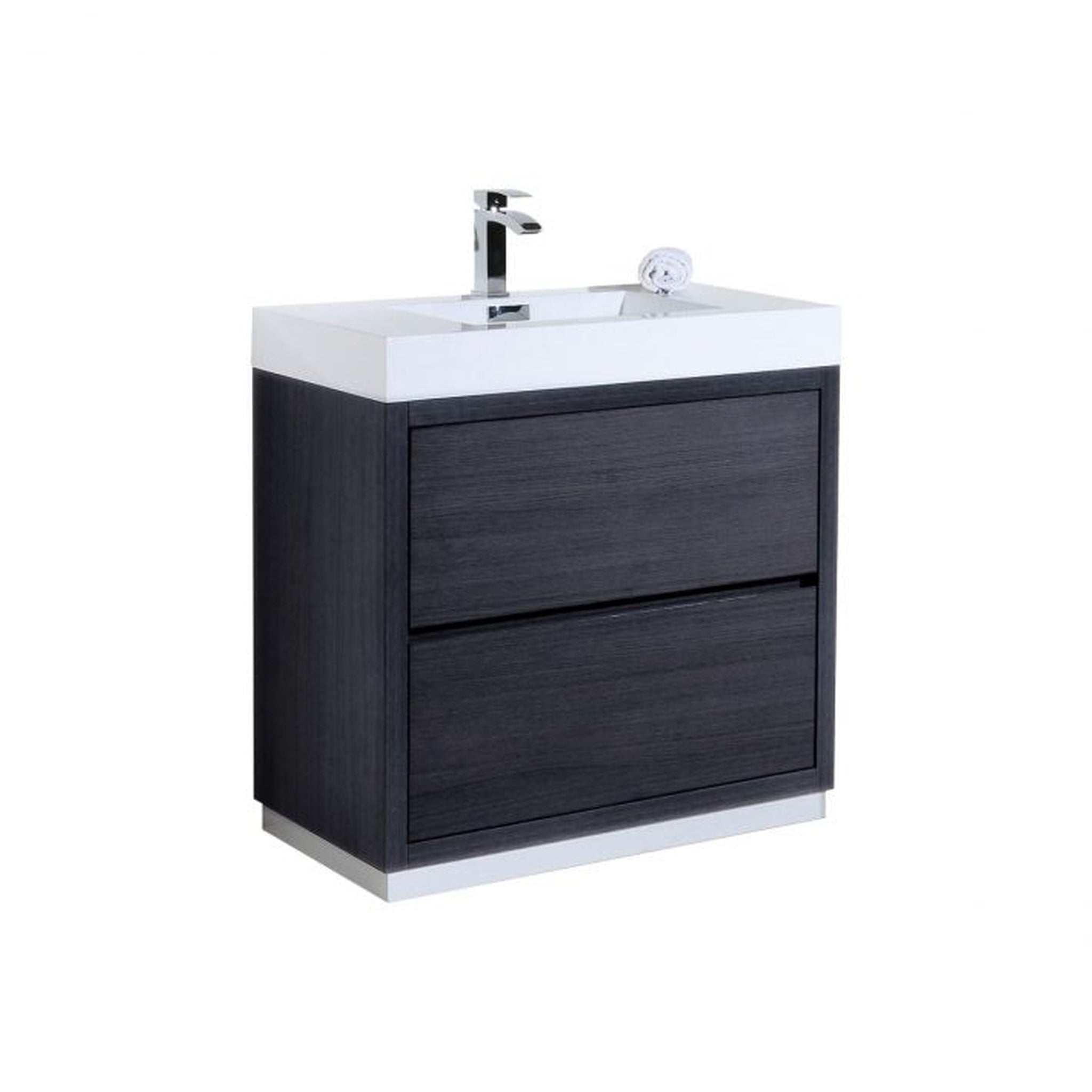 KubeBath, KubeBath Bliss 36" Gray Oak Freestanding Modern Bathroom Vanity With Single Integrated Acrylic Sink With Overflow and 34" Gray Oak Framed Mirror With Shelf