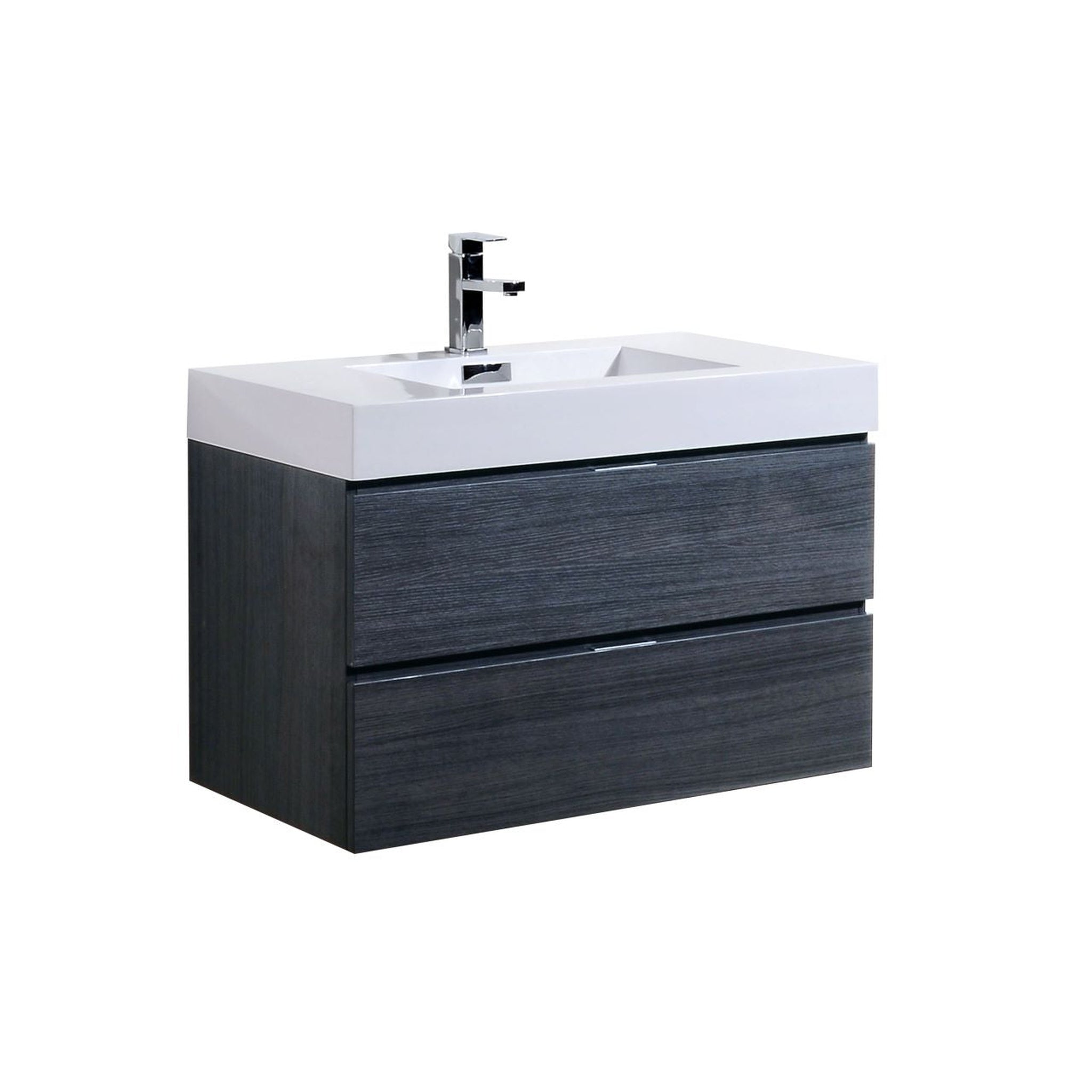 KubeBath, KubeBath Bliss 36" Gray Oak Wall-Mounted Modern Bathroom Vanity With Single Integrated Acrylic Sink With Overflow and 34" Gray Oak Framed Mirror With Shelf