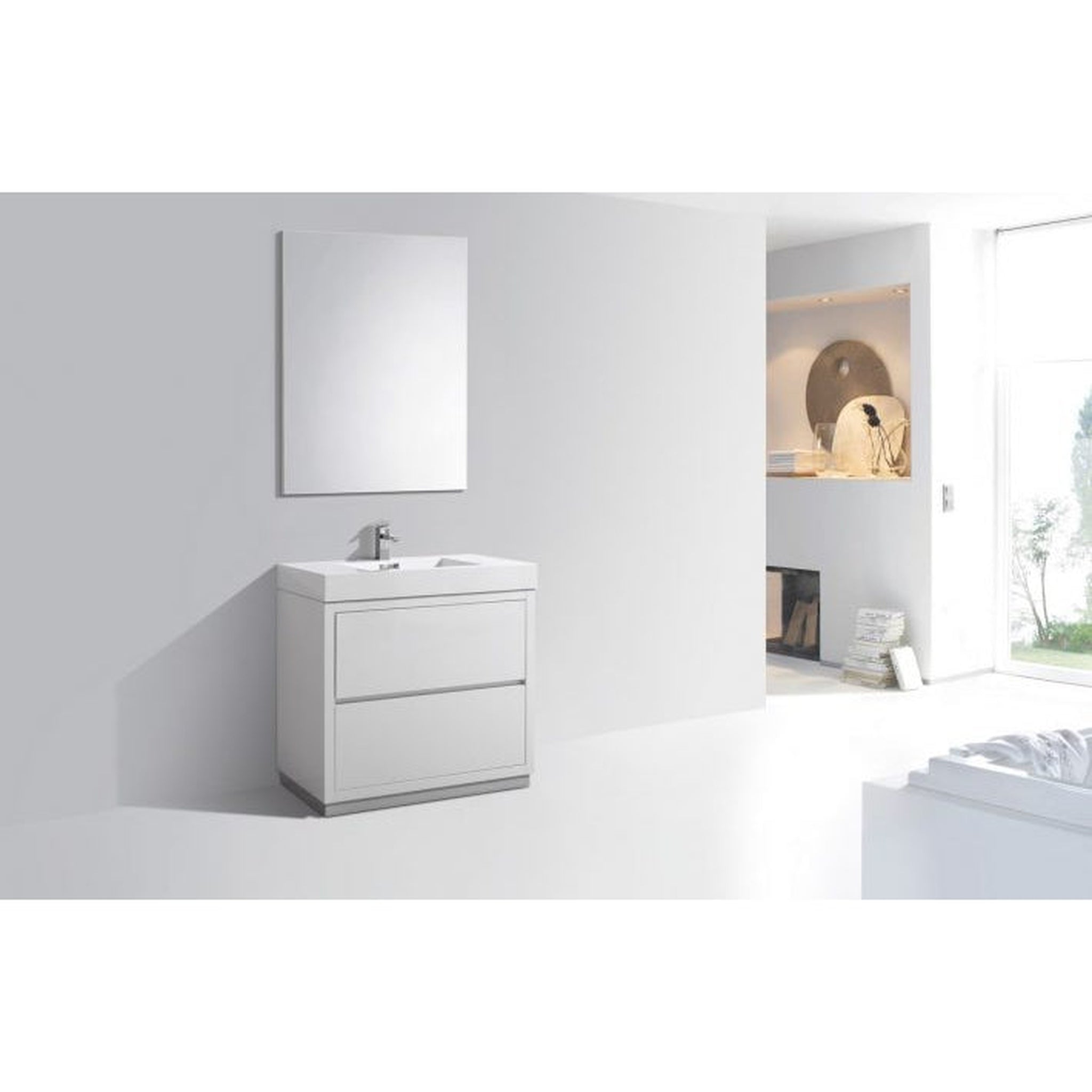 KubeBath, KubeBath Bliss 36" High Gloss White Freestanding Modern Bathroom Vanity With Single Integrated Acrylic Sink With Overflow and 36" White Framed Mirror With Shelf