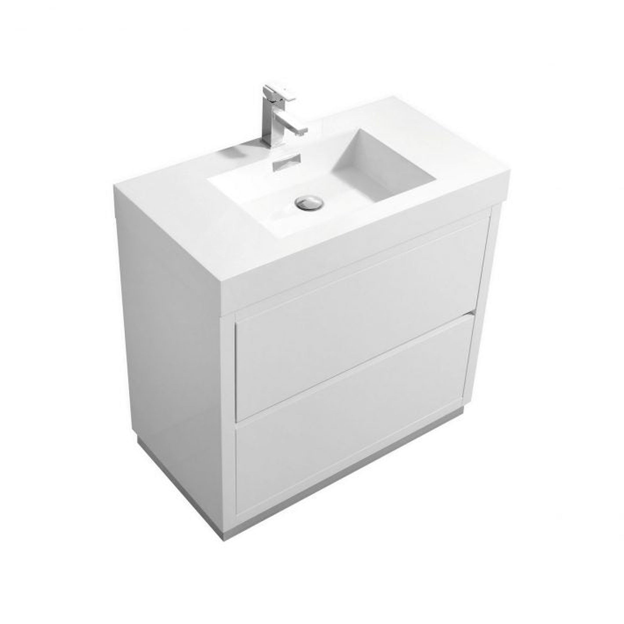 KubeBath, KubeBath Bliss 36" High Gloss White Freestanding Modern Bathroom Vanity With Single Integrated Acrylic Sink With Overflow and 36" White Framed Mirror With Shelf