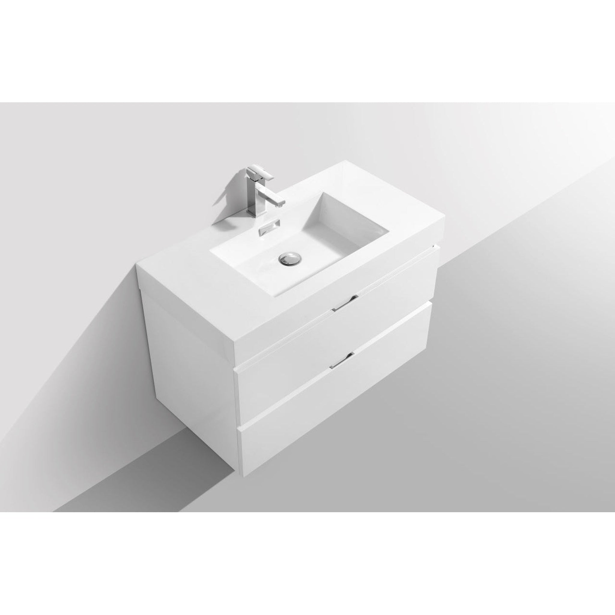 KubeBath, KubeBath Bliss 36" High Gloss White Wall-Mounted Modern Bathroom Vanity With Single Integrated Acrylic Sink With Overflow and 36" White Framed Mirror With Shelf