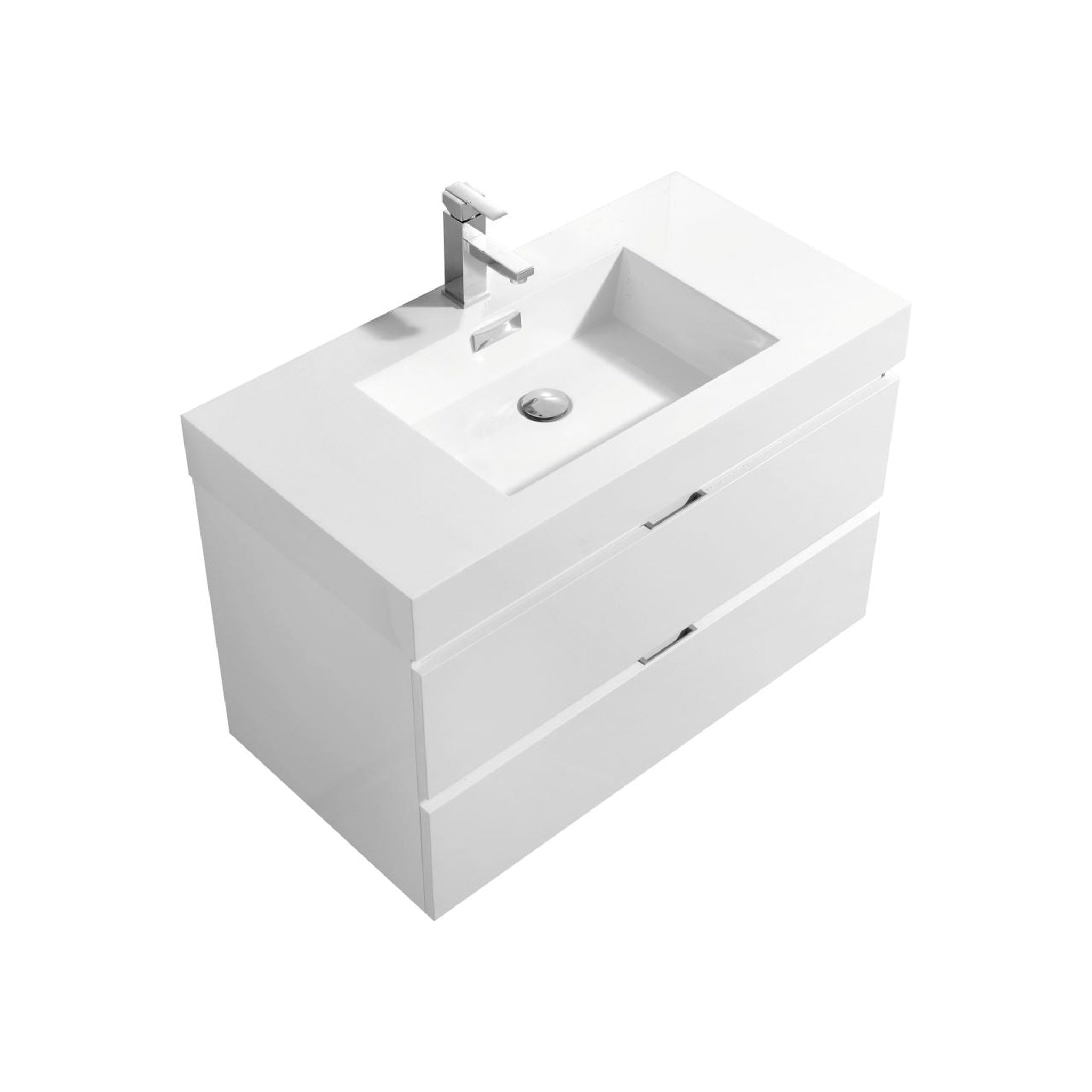 KubeBath, KubeBath Bliss 36" High Gloss White Wall-Mounted Modern Bathroom Vanity With Single Integrated Acrylic Sink With Overflow and 36" White Framed Mirror With Shelf