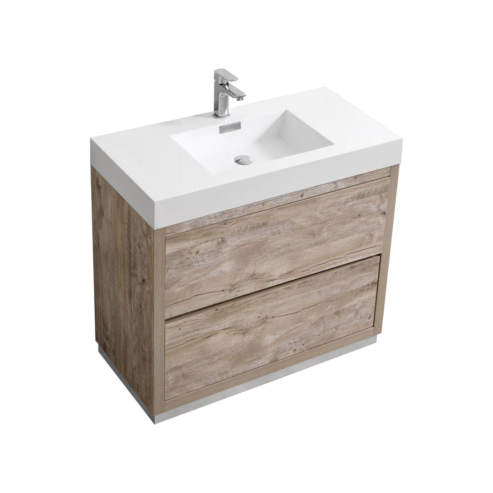 KubeBath, KubeBath Bliss 36" Nature Wood Freestanding Modern Bathroom Vanity With Single Integrated Acrylic Sink With Overflow and 36" Wood Framed Mirror With Shelf