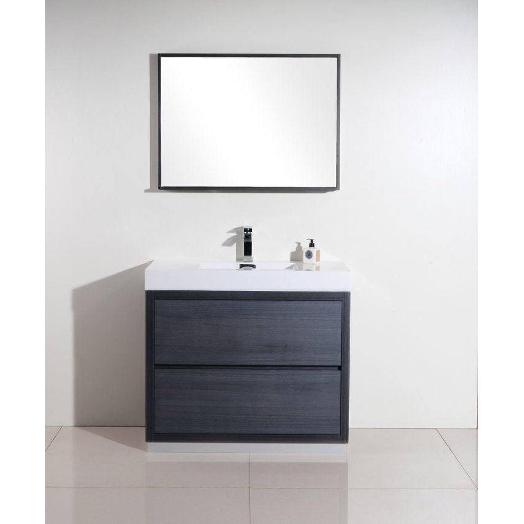 KubeBath, KubeBath Bliss 40" Gray Oak Freestanding Modern Bathroom Vanity With Single Integrated Acrylic Sink With Overflow and 38" Gray Oak Framed Mirror With Shelf