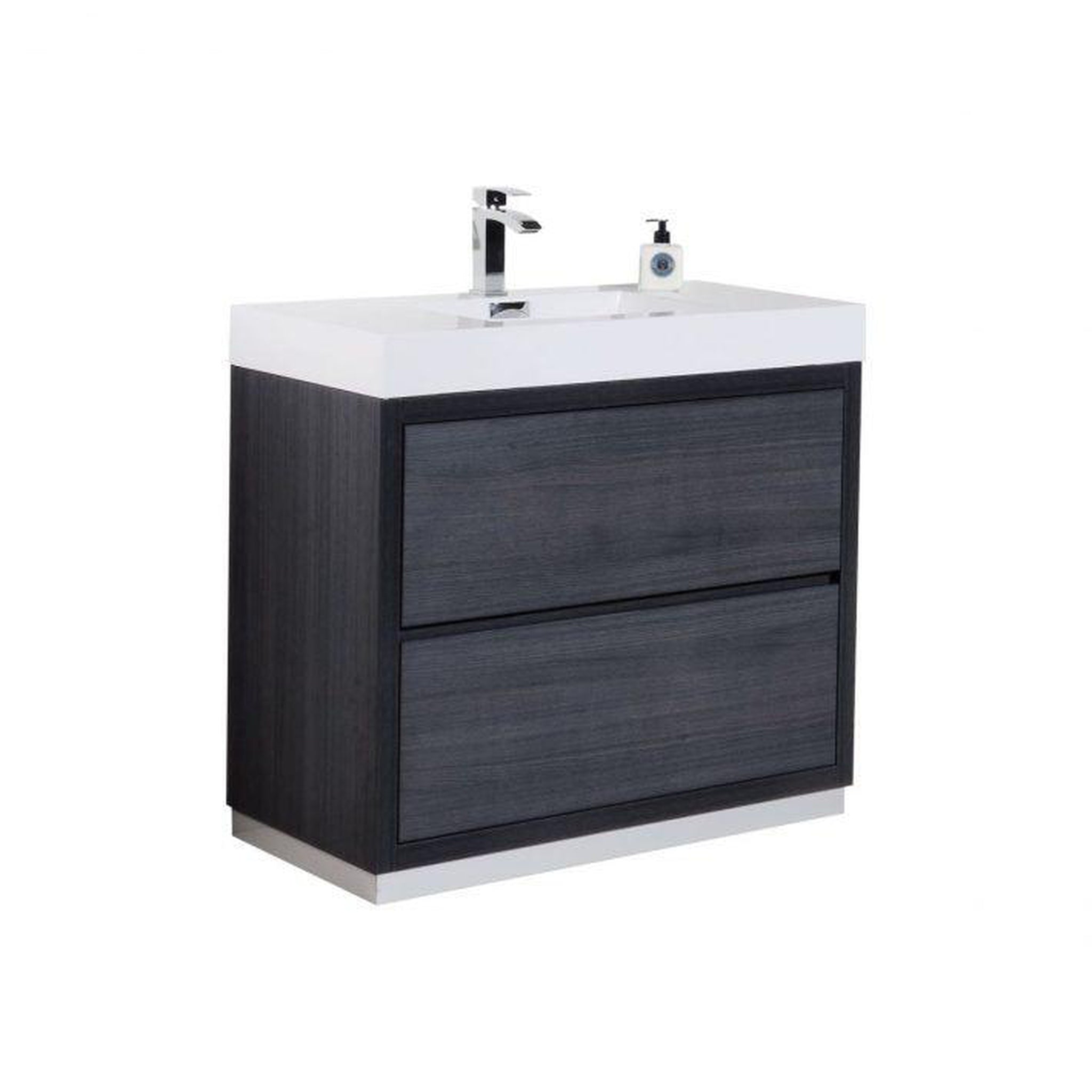 KubeBath, KubeBath Bliss 40" Gray Oak Freestanding Modern Bathroom Vanity With Single Integrated Acrylic Sink With Overflow and 38" Gray Oak Framed Mirror With Shelf