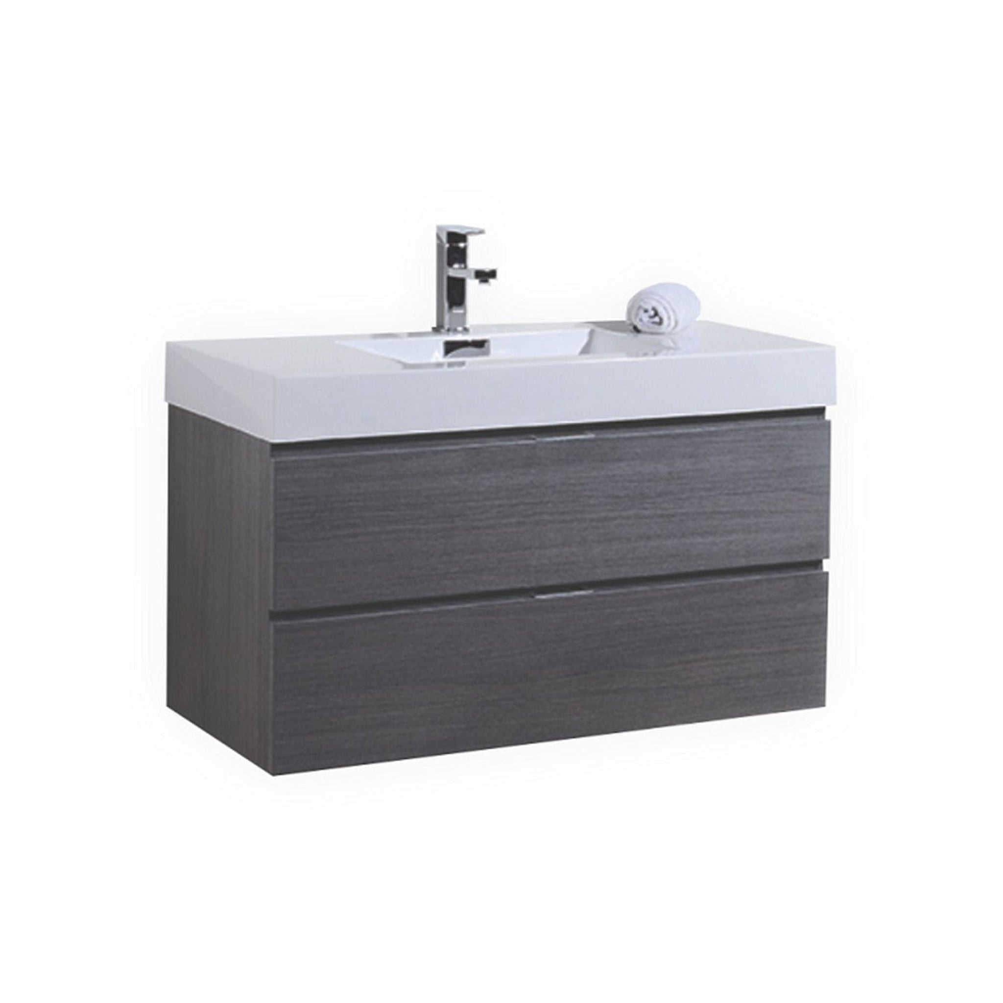 KubeBath, KubeBath Bliss 40" Gray Oak Wall-Mounted Modern Bathroom Vanity With Single Integrated Acrylic Sink With Overflow and 38" Gray Oak Framed Mirror With Shelf