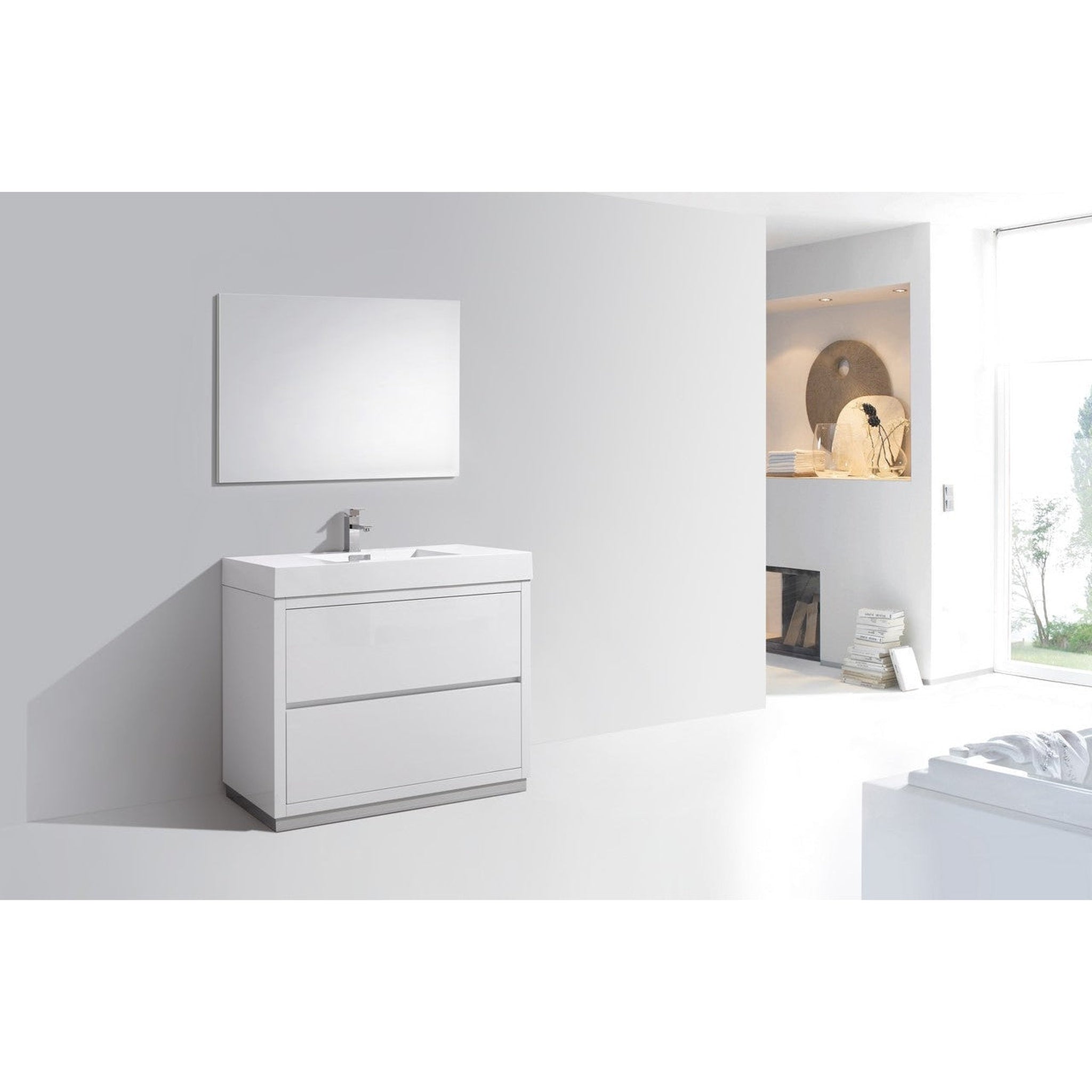 KubeBath, KubeBath Bliss 40" High Gloss White Freestanding Modern Bathroom Vanity With Single Integrated Acrylic Sink With Overflow and 36" White Framed Mirror With Shelf