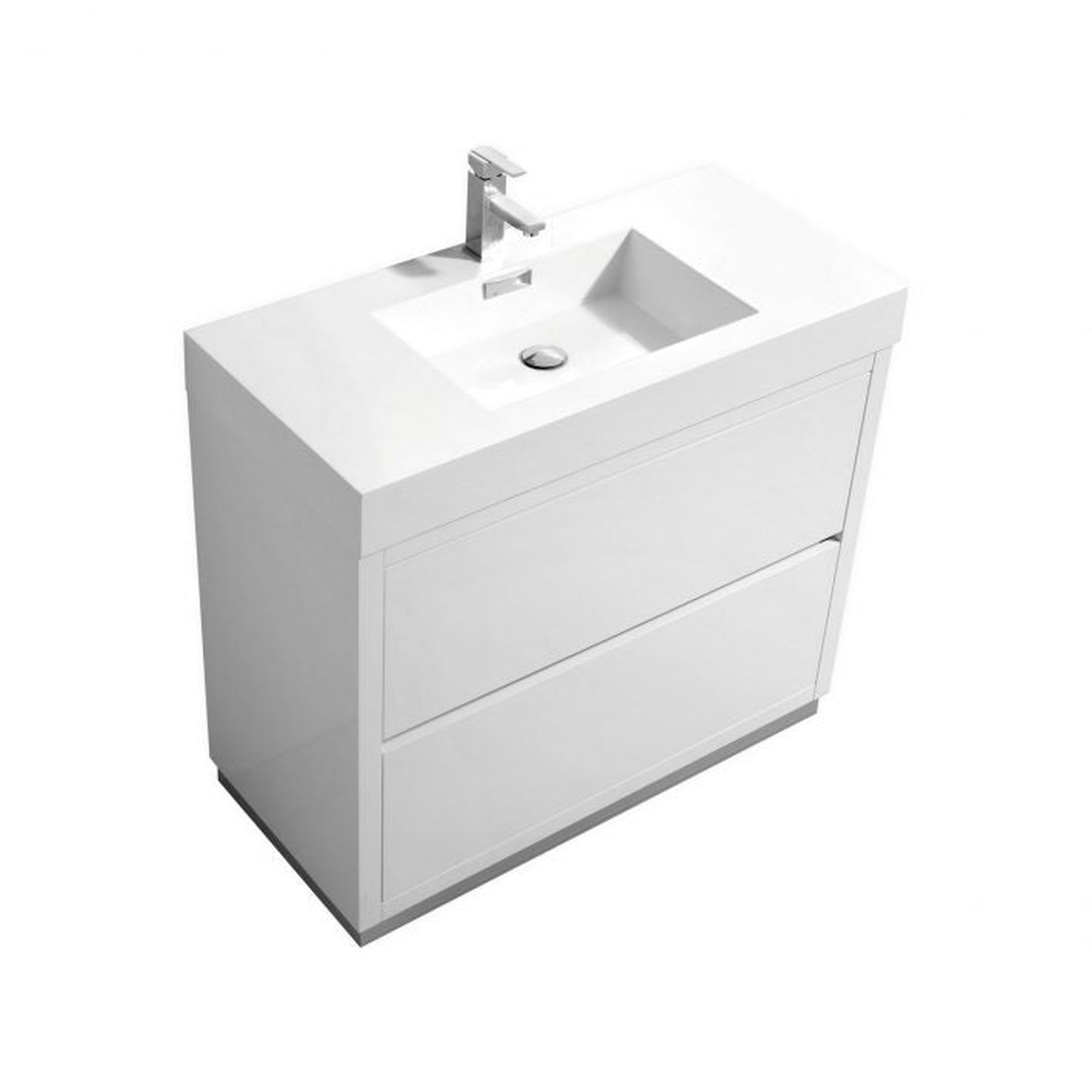 KubeBath, KubeBath Bliss 40" High Gloss White Freestanding Modern Bathroom Vanity With Single Integrated Acrylic Sink With Overflow and 36" White Framed Mirror With Shelf
