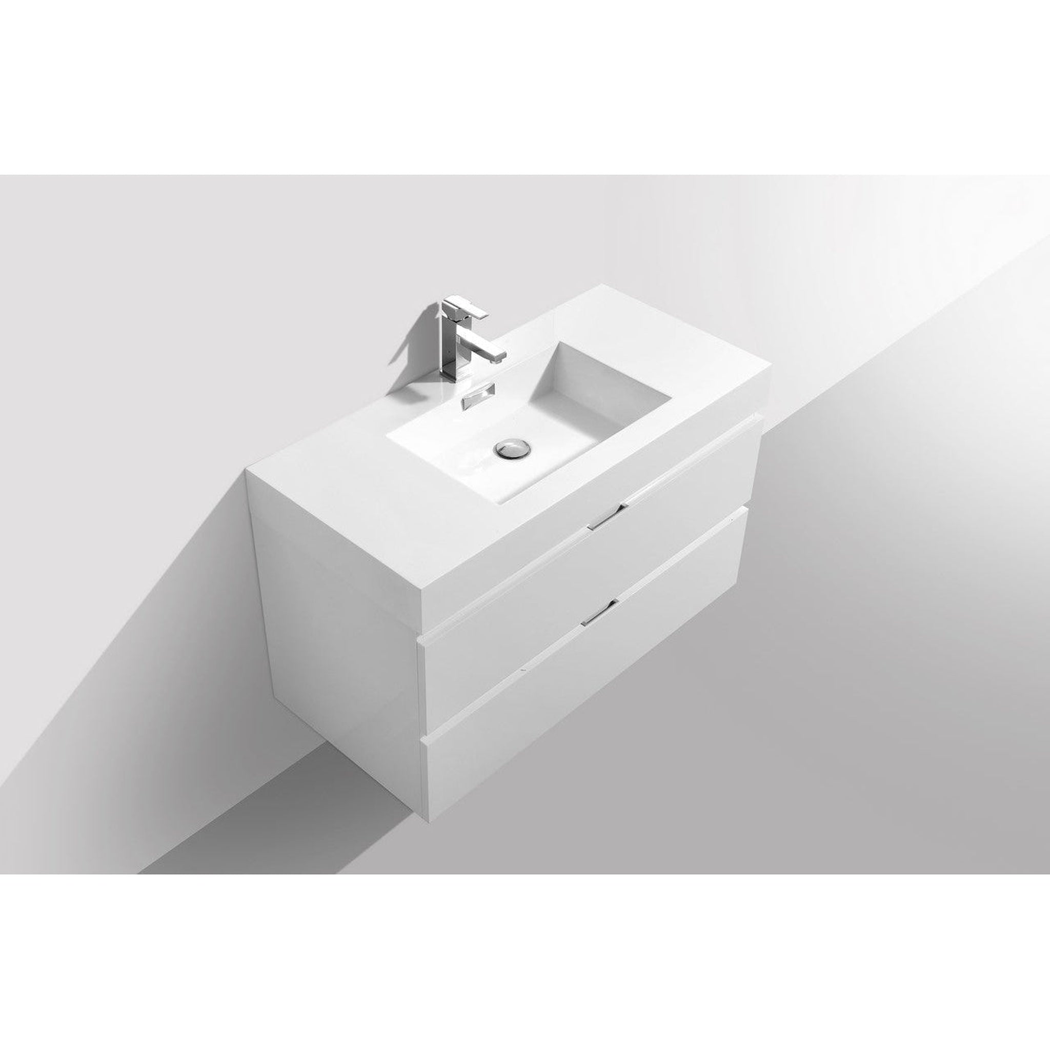 KubeBath, KubeBath Bliss 40" High Gloss White Wall-Mounted Modern Bathroom Vanity With Single Integrated Acrylic Sink With Overflow and 36" White Framed Mirror With Shelf