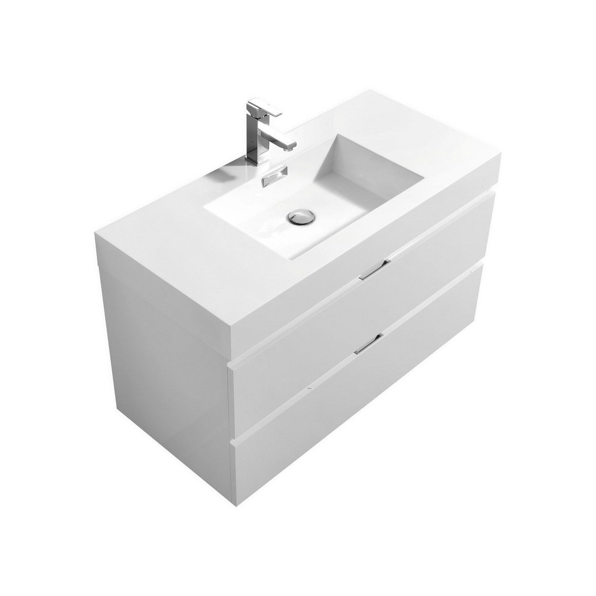 KubeBath, KubeBath Bliss 40" High Gloss White Wall-Mounted Modern Bathroom Vanity With Single Integrated Acrylic Sink With Overflow and 36" White Framed Mirror With Shelf