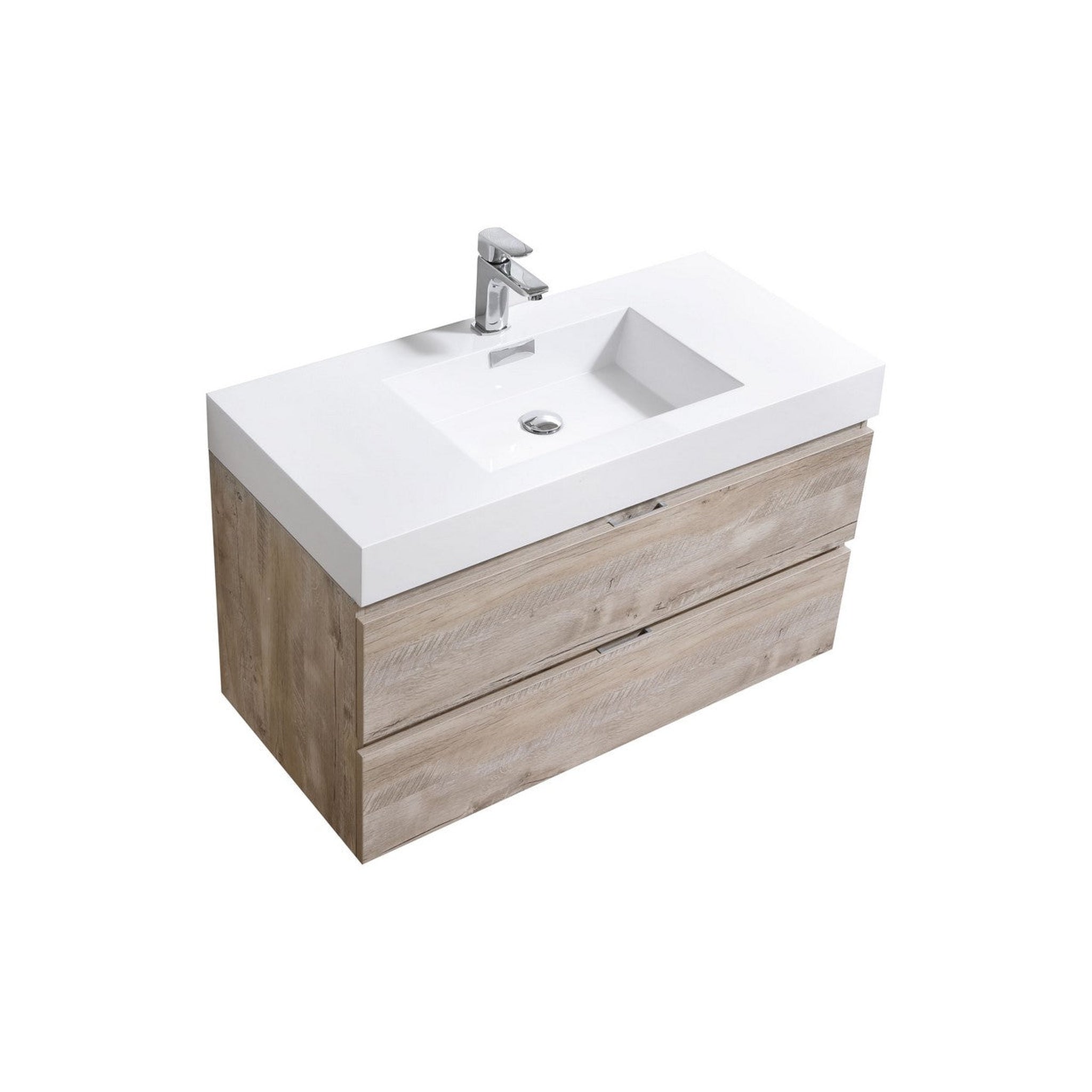 KubeBath, KubeBath Bliss 40" Nature Wood Wall-Mounted Modern Bathroom Vanity With Single Integrated Acrylic Sink With Overflow and 36" Wood Framed Mirror With Shelf