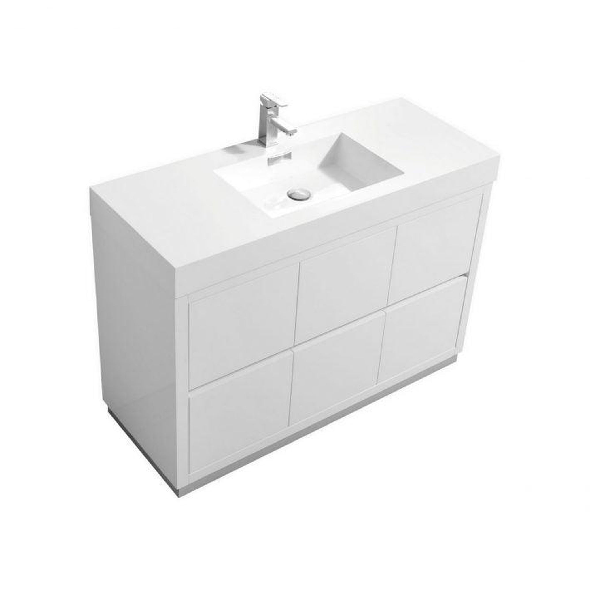 KubeBath, KubeBath Bliss 48" High Gloss White Freestanding Modern Bathroom Vanity With Single Integrated Acrylic Sink With Overflow and 48" White Framed Mirror With Shelf