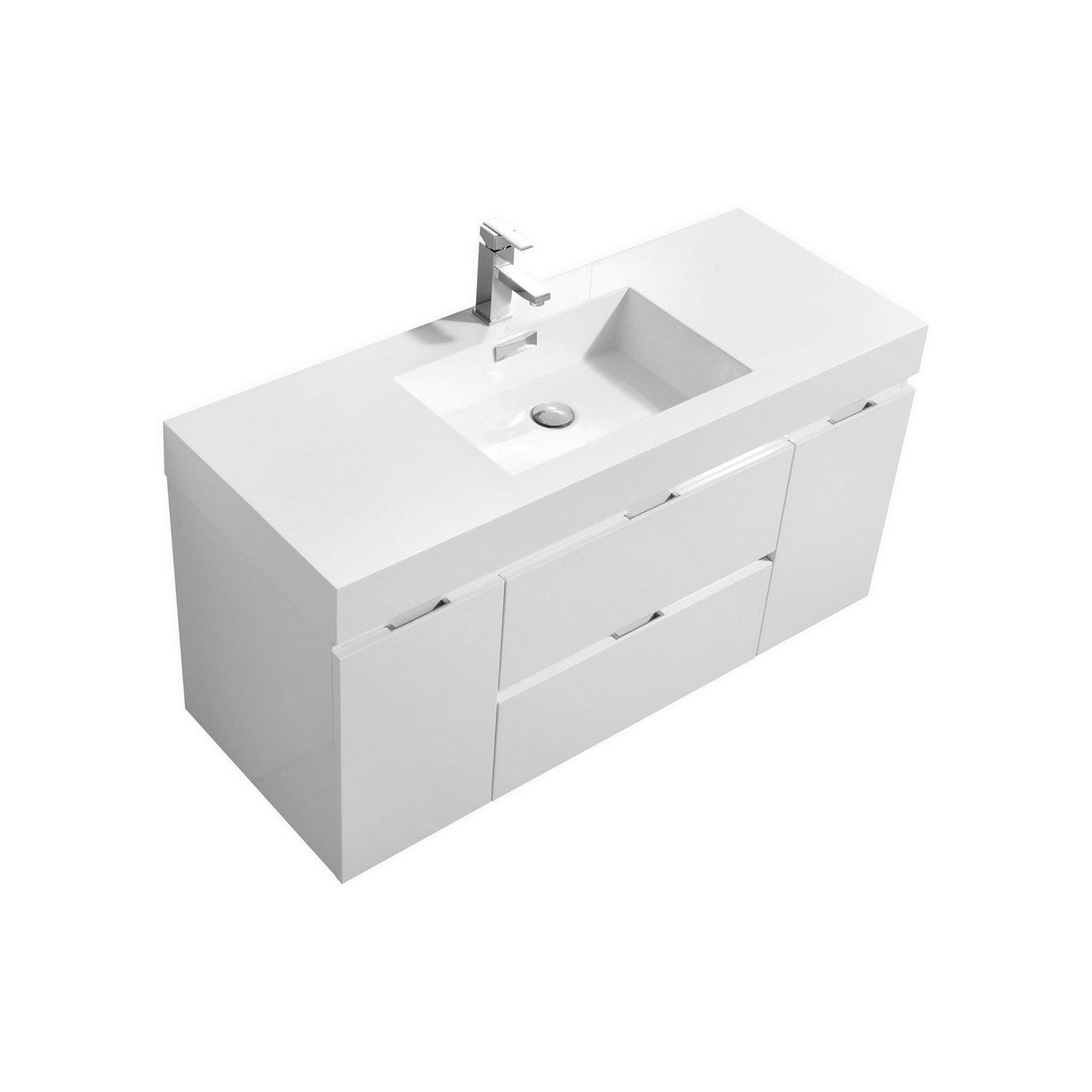 KubeBath, KubeBath Bliss 48" High Gloss White Wall-Mounted Modern Bathroom Vanity With Single Integrated Acrylic Sink With Overflow and 48" White Framed Mirror With Shelf