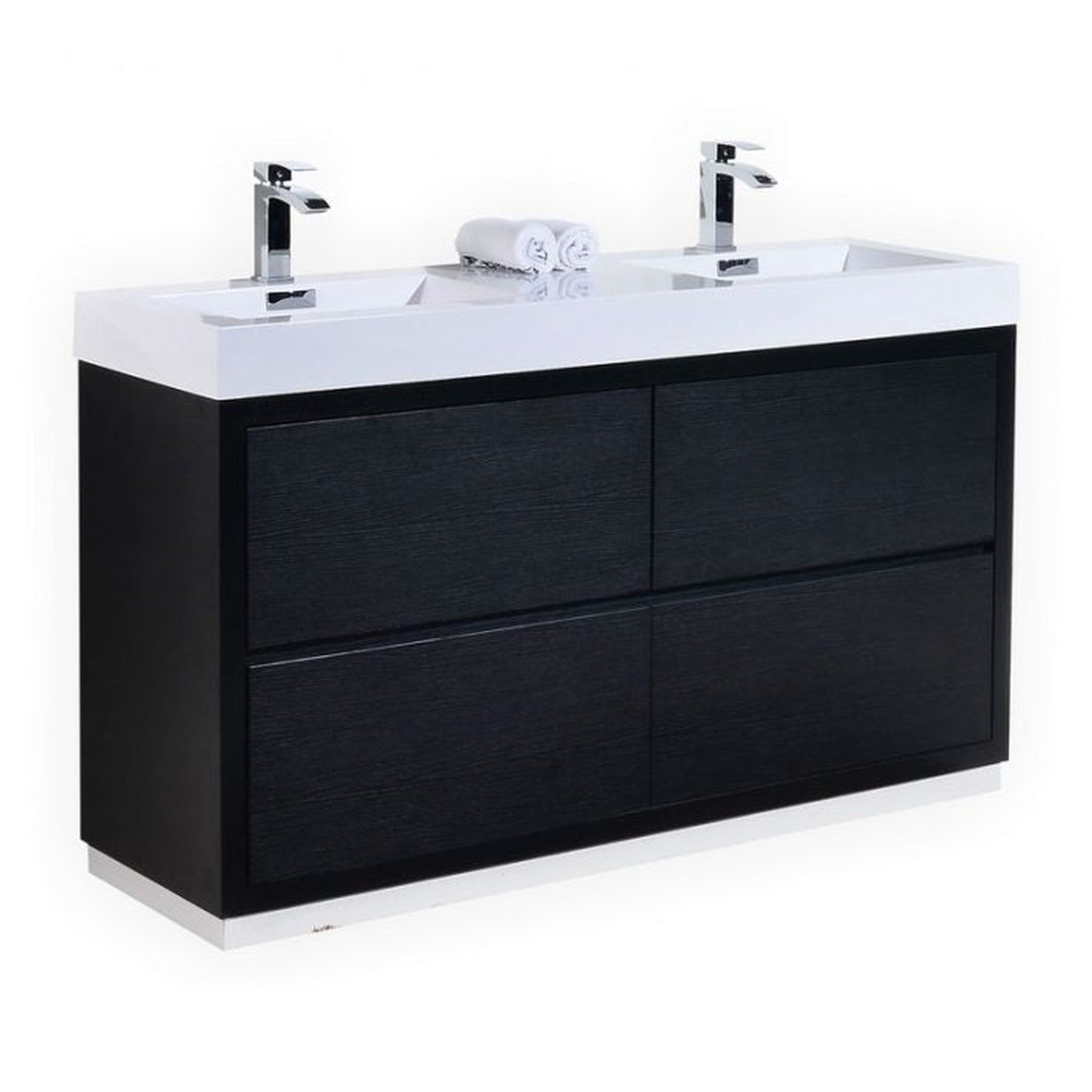 KubeBath, KubeBath Bliss 60" Black Freestanding Modern Bathroom Vanity With Double Integrated Acrylic Sink With Overflow and 55" Black Framed Mirror With Shelf