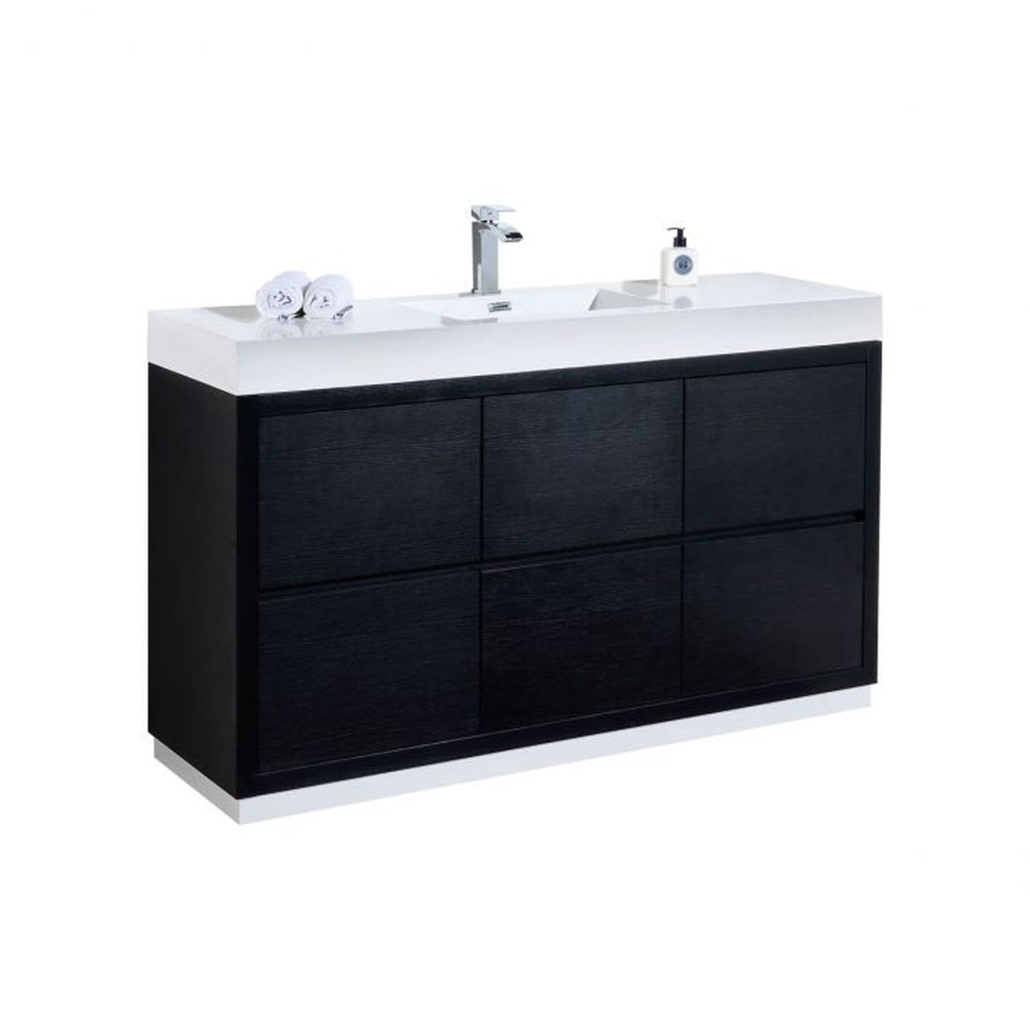 KubeBath, KubeBath Bliss 60" Black Freestanding Modern Bathroom Vanity With Single Integrated Acrylic Sink With Overflow and 55" Black Framed Mirror With Shelf