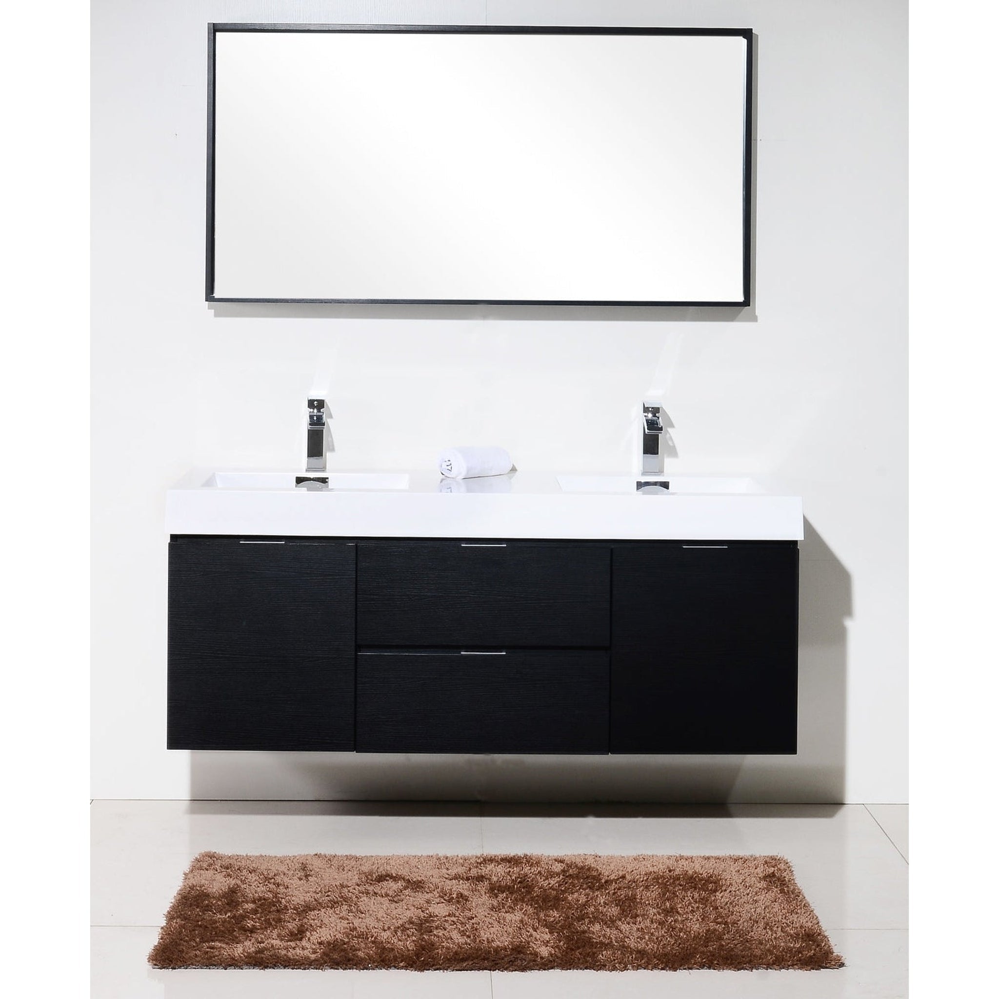 KubeBath, KubeBath Bliss 60" Black Wall-Mounted Modern Bathroom Vanity With Double Integrated Acrylic Sink With Overflow