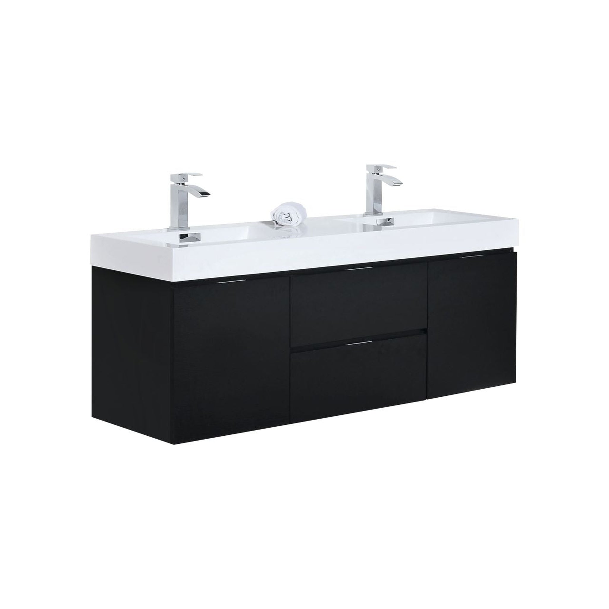 KubeBath, KubeBath Bliss 60" Black Wall-Mounted Modern Bathroom Vanity With Double Integrated Acrylic Sink With Overflow and 55" Black Framed Mirror With Shelf