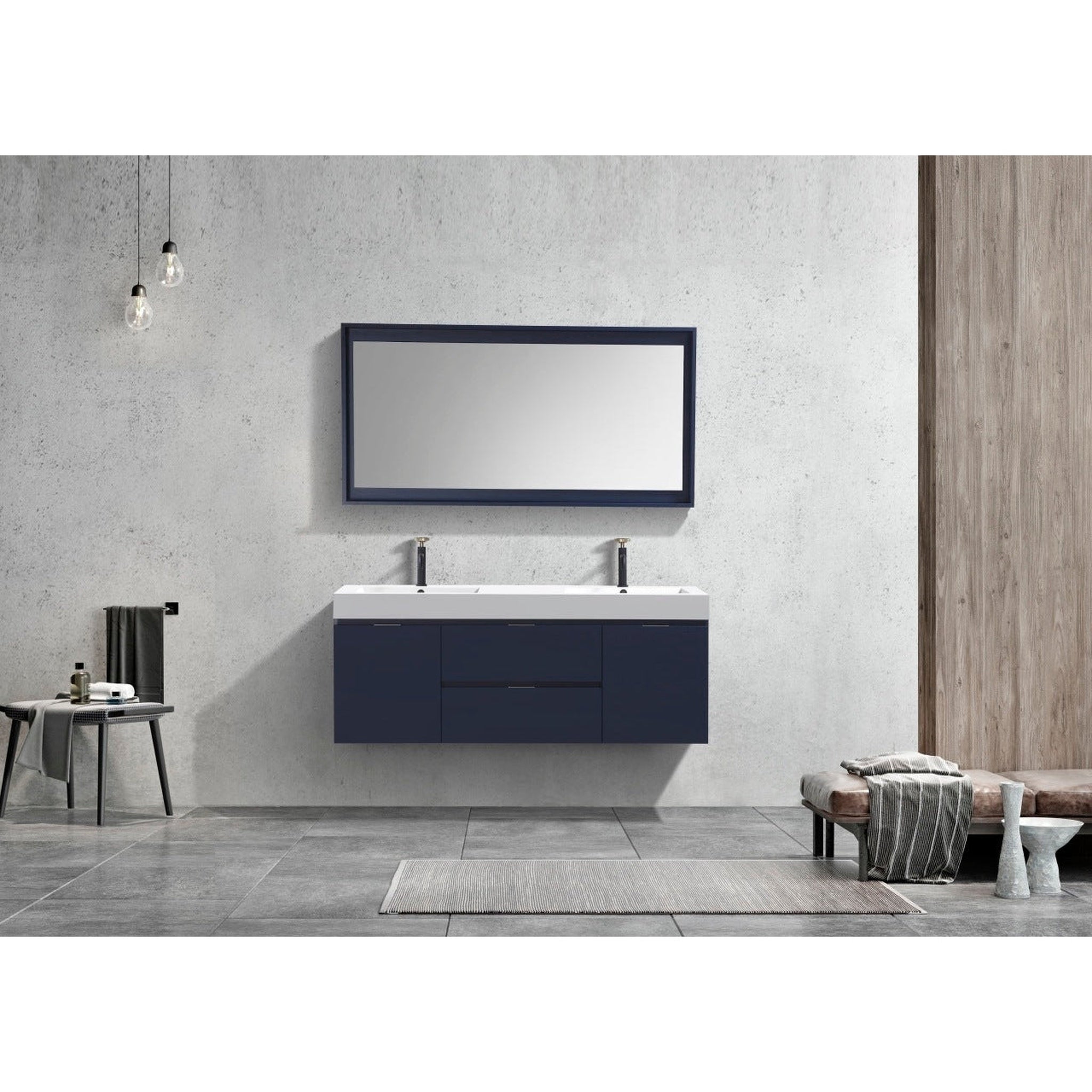 KubeBath, KubeBath Bliss 60" Blue Wall-Mounted Modern Bathroom Vanity With Double Integrated Acrylic Sink With Overflow