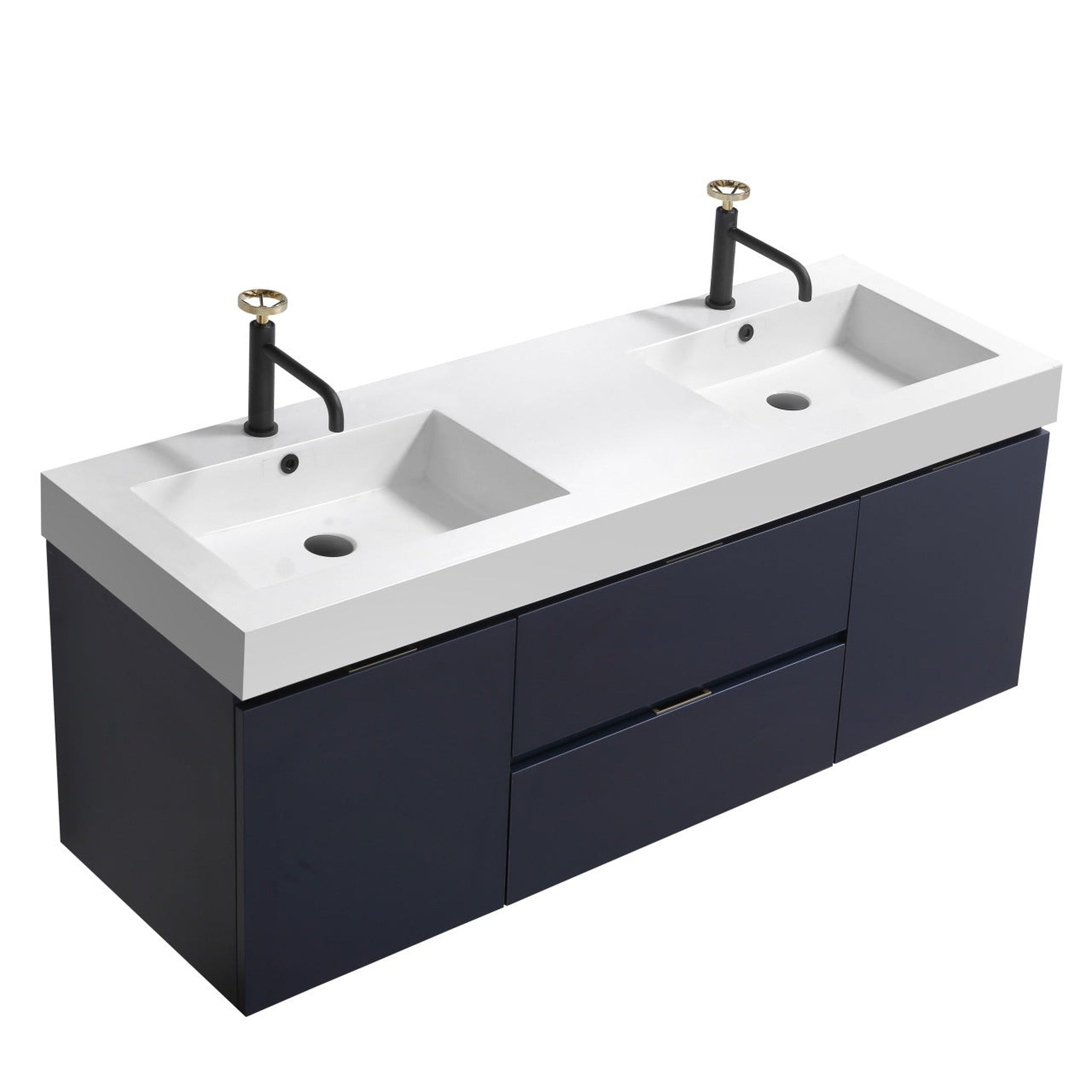 KubeBath, KubeBath Bliss 60" Blue Wall-Mounted Modern Bathroom Vanity With Double Integrated Acrylic Sink With Overflow and 60" White Wood Framed Mirror With Shelf