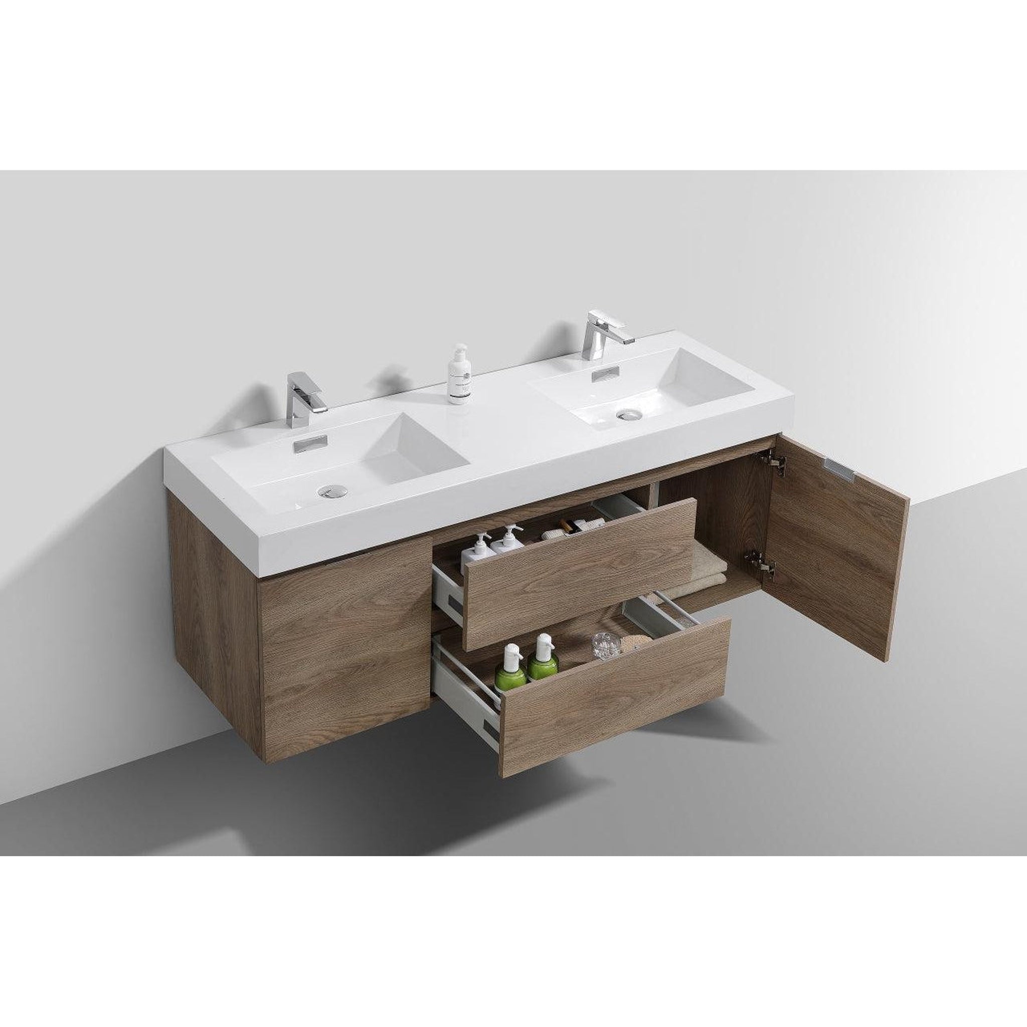 KubeBath, KubeBath Bliss 60" Butternut Wall-Mounted Modern Bathroom Vanity With Double Integrated Acrylic Sink With Overflow