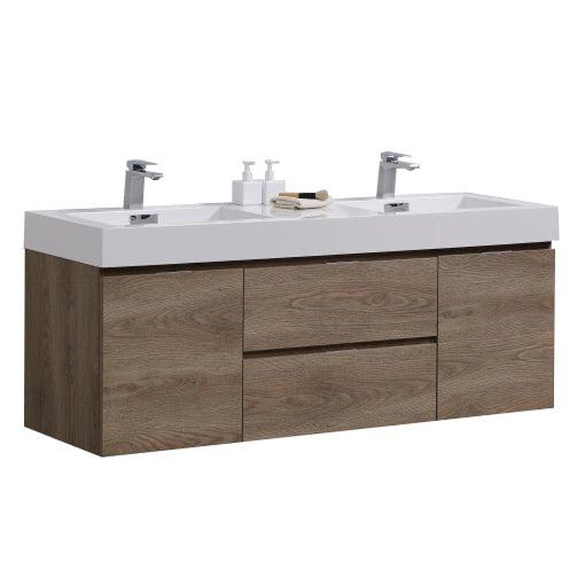 KubeBath, KubeBath Bliss 60" Butternut Wall-Mounted Modern Bathroom Vanity With Double Integrated Acrylic Sink With Overflow