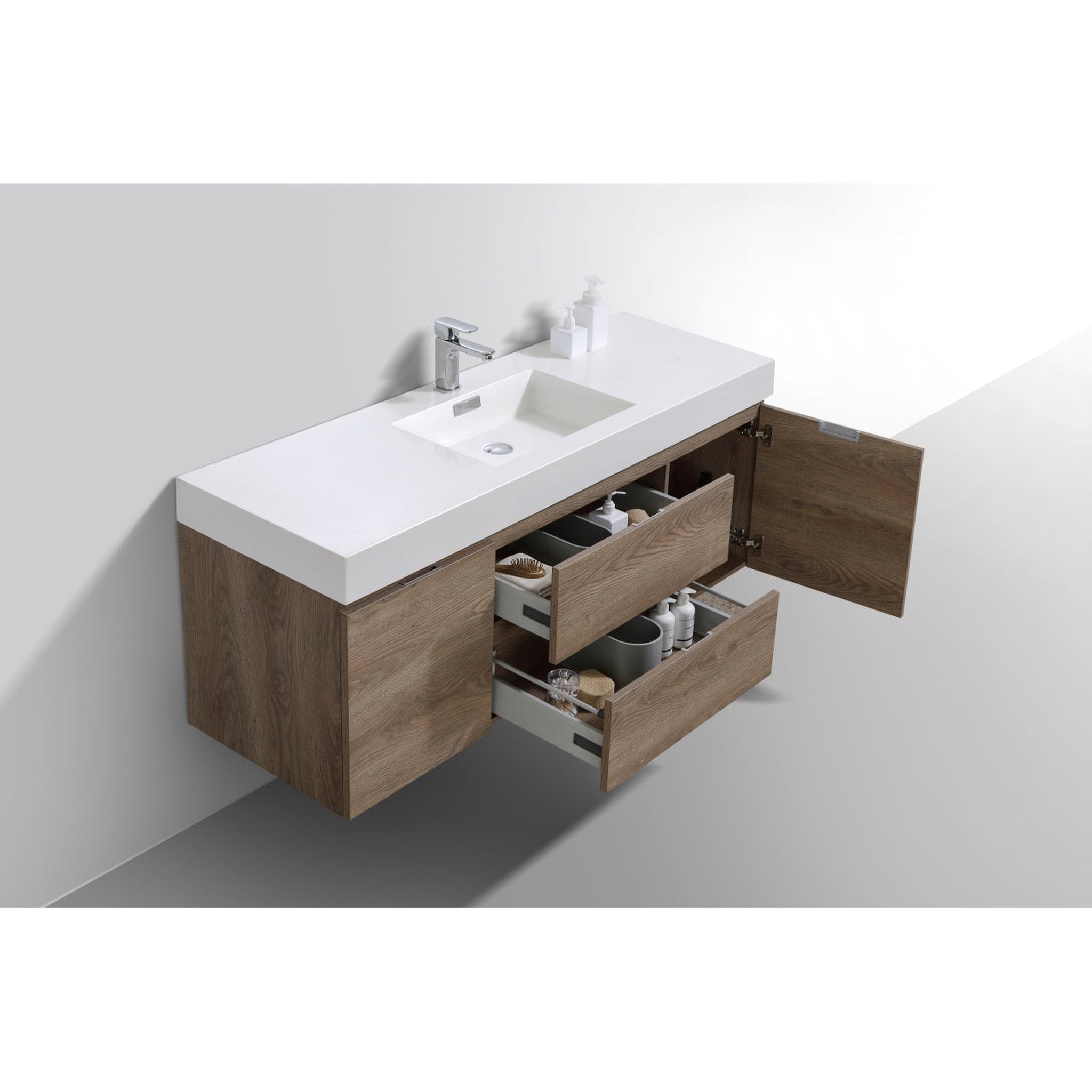 KubeBath, KubeBath Bliss 60" Butternut Wall-Mounted Modern Bathroom Vanity With Single Integrated Acrylic Sink With Overflow