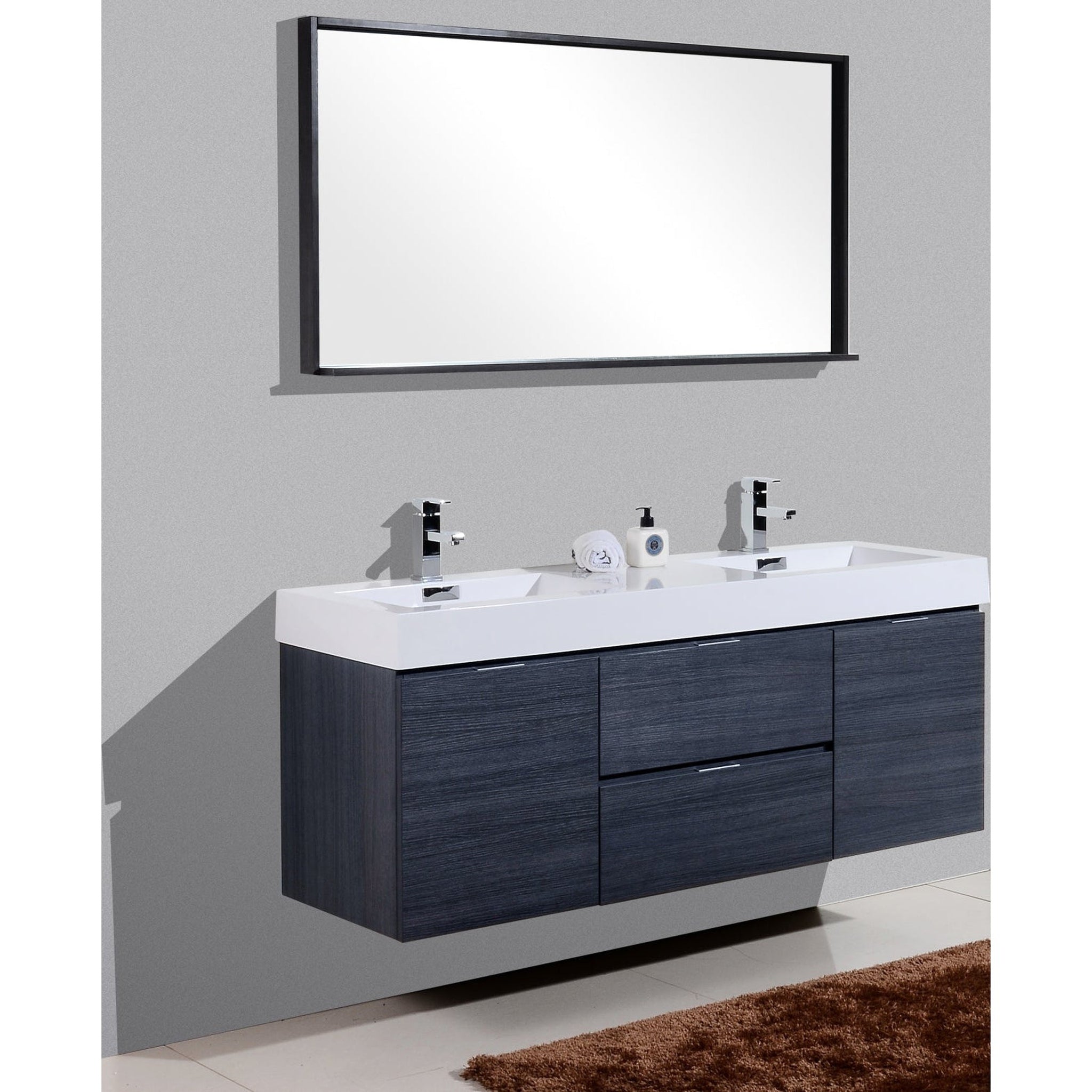 KubeBath, KubeBath Bliss 60" Gray Oak Wall-Mounted Modern Bathroom Vanity With Double Integrated Acrylic Sink With Overflow