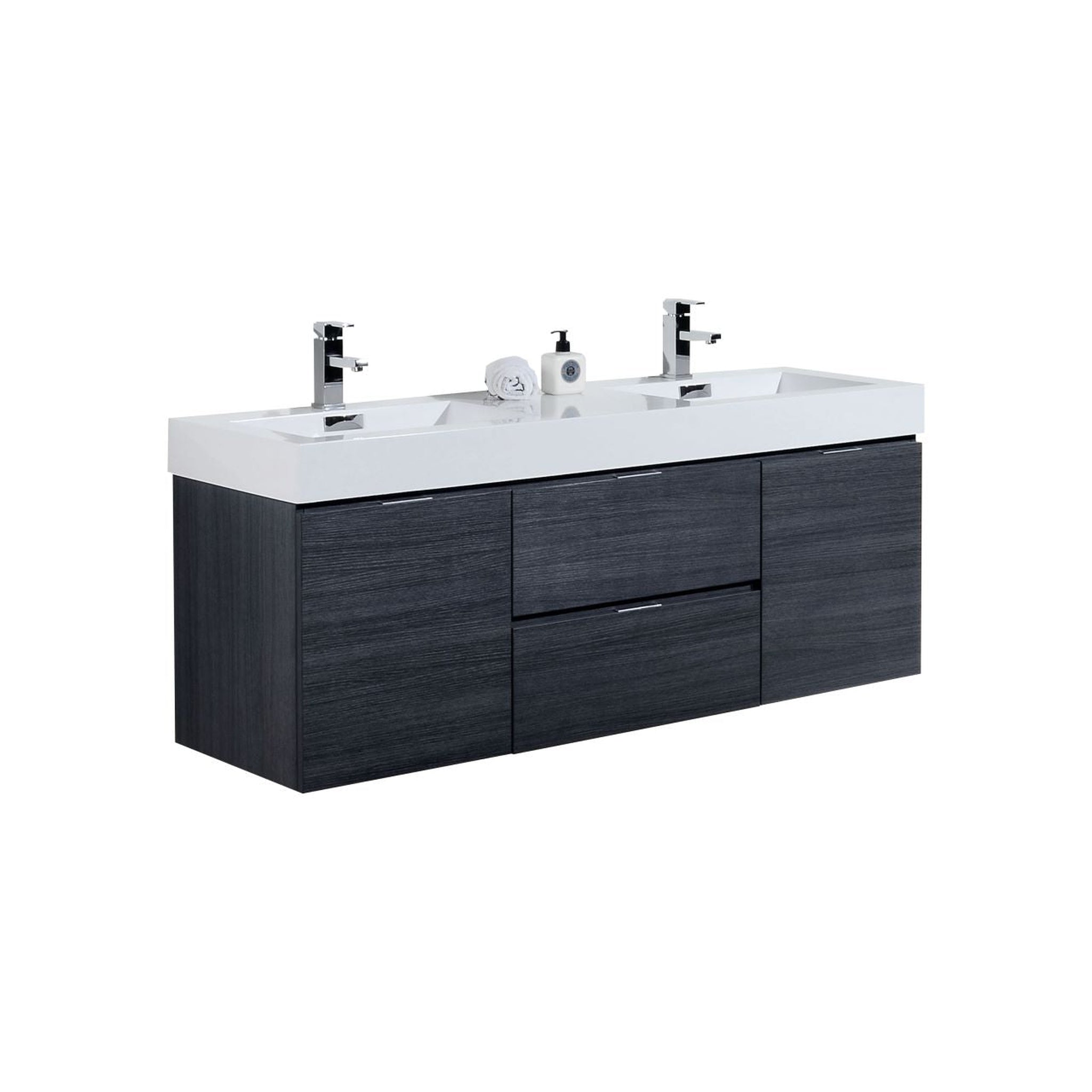 KubeBath, KubeBath Bliss 60" Gray Oak Wall-Mounted Modern Bathroom Vanity With Double Integrated Acrylic Sink With Overflow and 55" Gray Oak Framed Mirror With Shelf