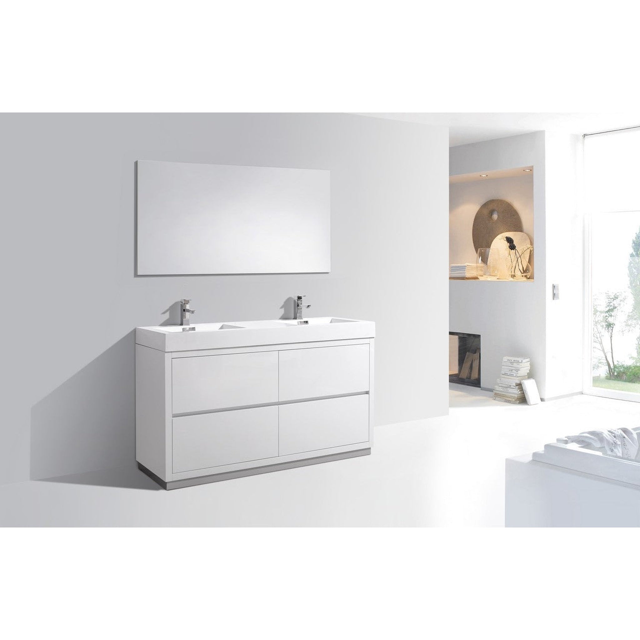 KubeBath, KubeBath Bliss 60" High Gloss White Freestanding Modern Bathroom Vanity With Double Integrated Acrylic Sink With Overflow