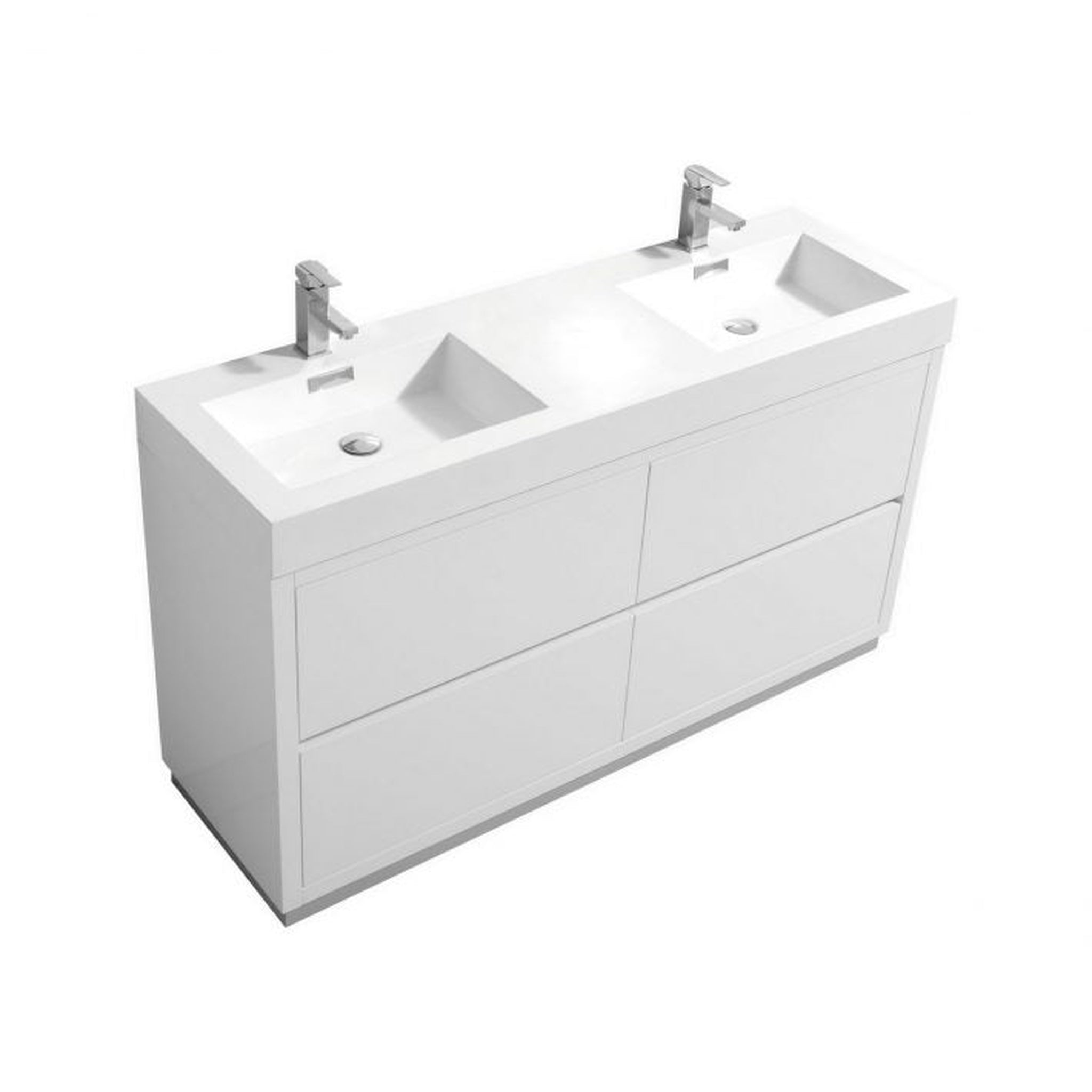 KubeBath, KubeBath Bliss 60" High Gloss White Freestanding Modern Bathroom Vanity With Double Integrated Acrylic Sink With Overflow and 60" White Framed Mirror With Shelf