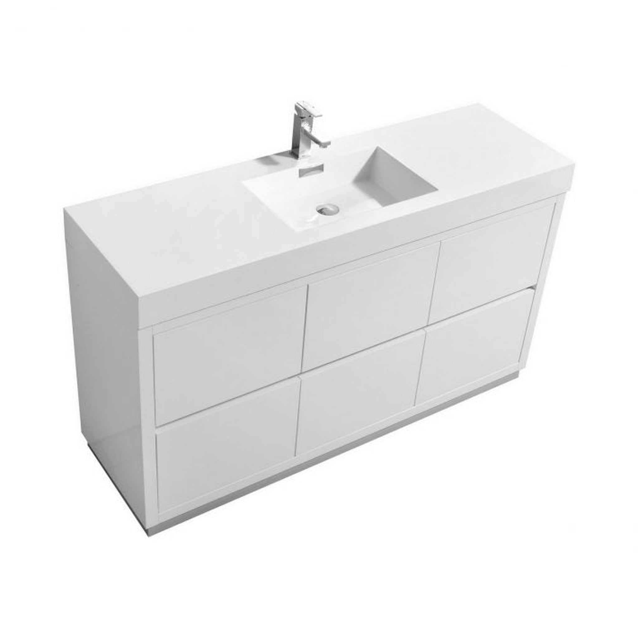 KubeBath, KubeBath Bliss 60" High Gloss White Freestanding Modern Bathroom Vanity With Single Integrated Acrylic Sink With Overflow and 60" White Framed Mirror With Shelf