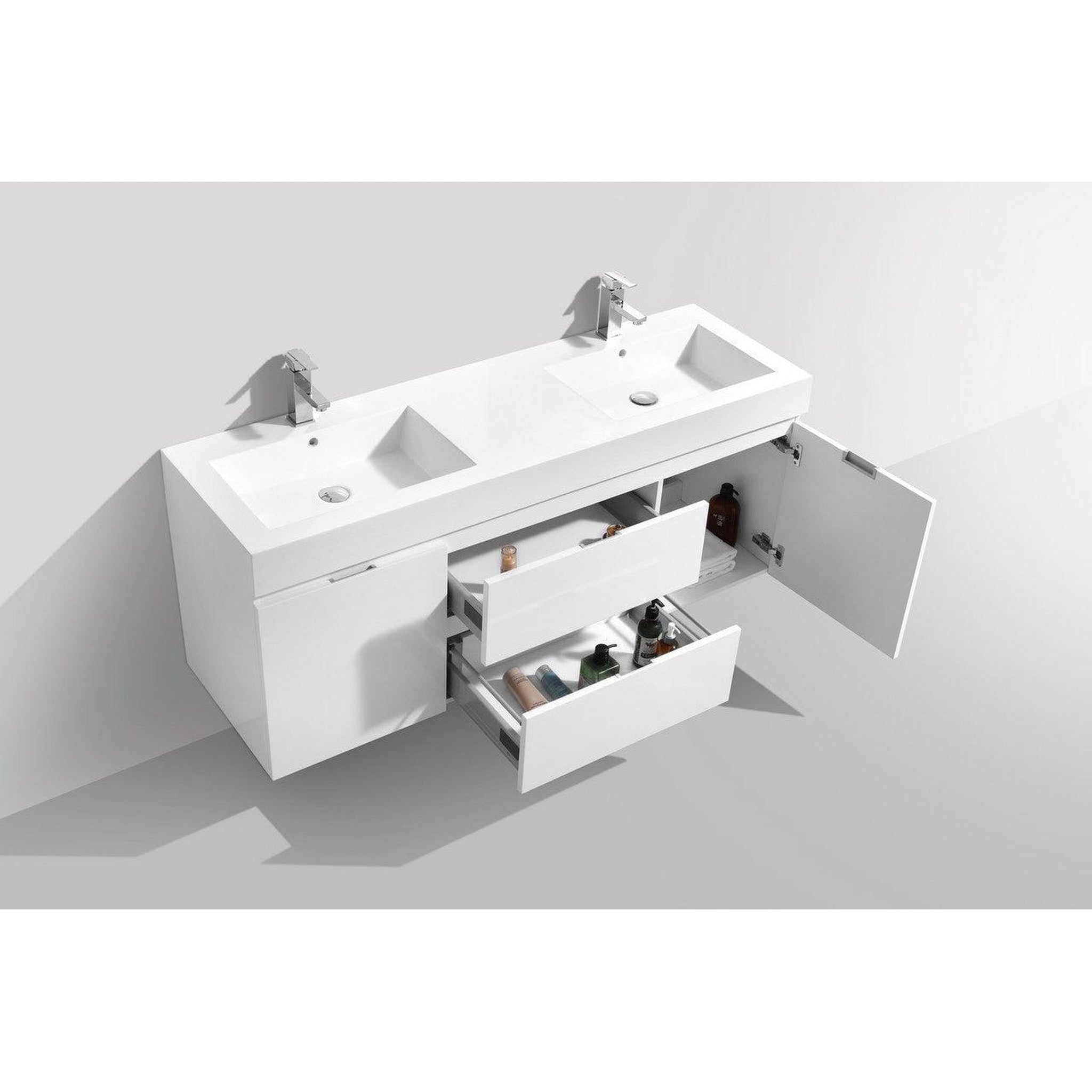 KubeBath, KubeBath Bliss 60" High Gloss White Wall-Mounted Modern Bathroom Vanity With Double Integrated Acrylic Sink With Overflow