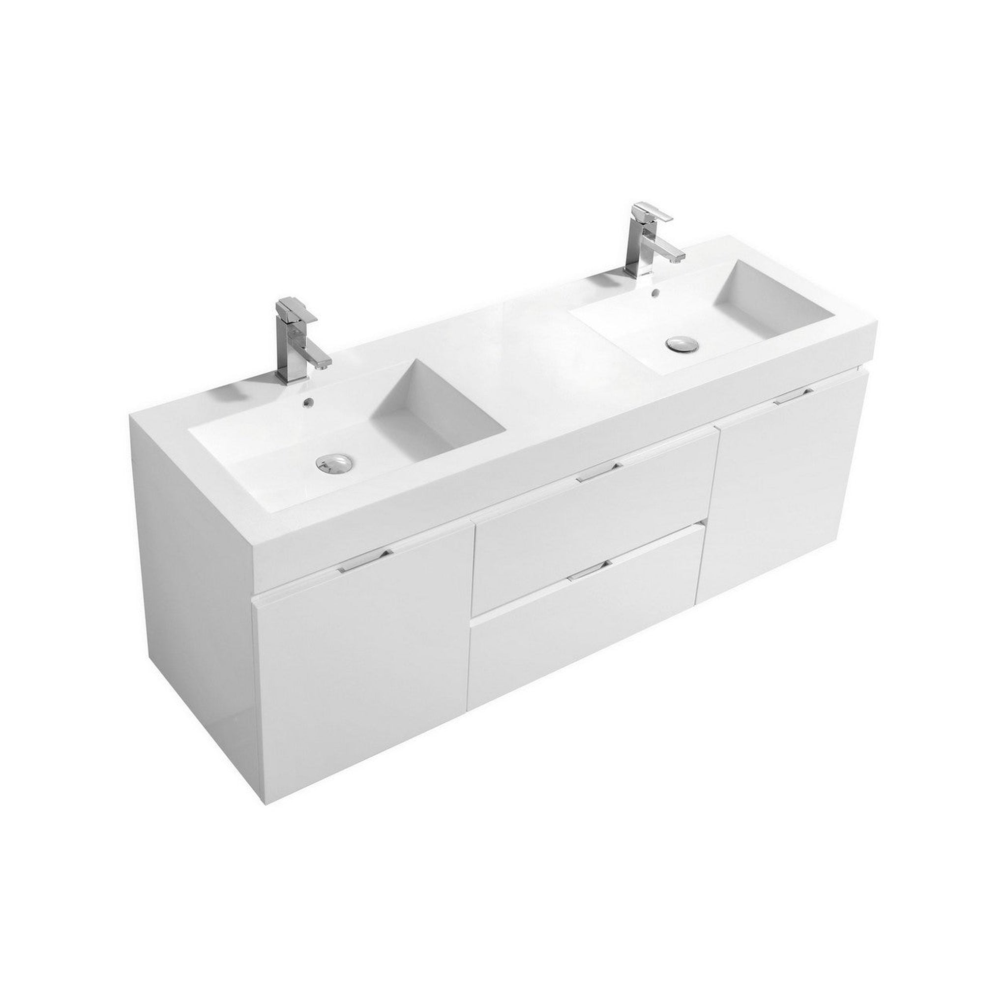 KubeBath, KubeBath Bliss 60" High Gloss White Wall-Mounted Modern Bathroom Vanity With Double Integrated Acrylic Sink With Overflow and 60" White Framed Mirror With Shelf