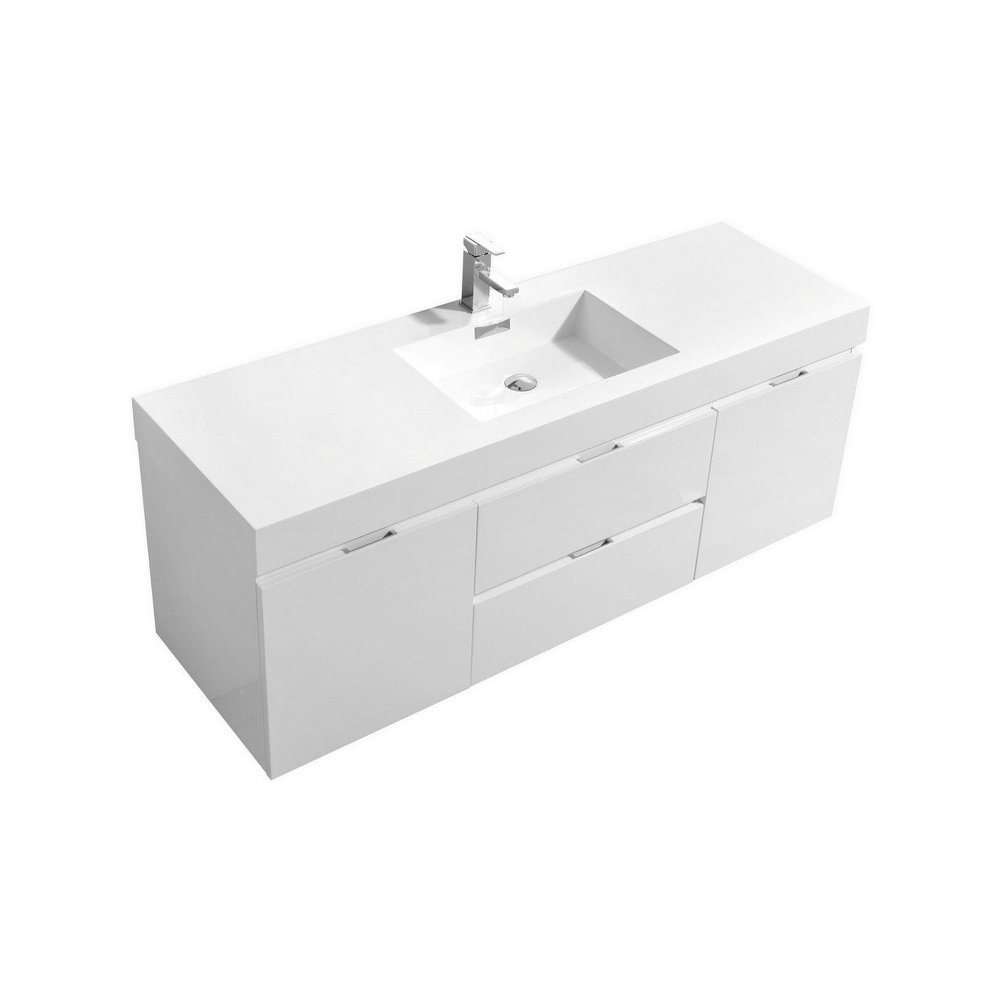 KubeBath, KubeBath Bliss 60" High Gloss White Wall-Mounted Modern Bathroom Vanity With Single Integrated Acrylic Sink With Overflow and 60" White Framed Mirror With Shelf