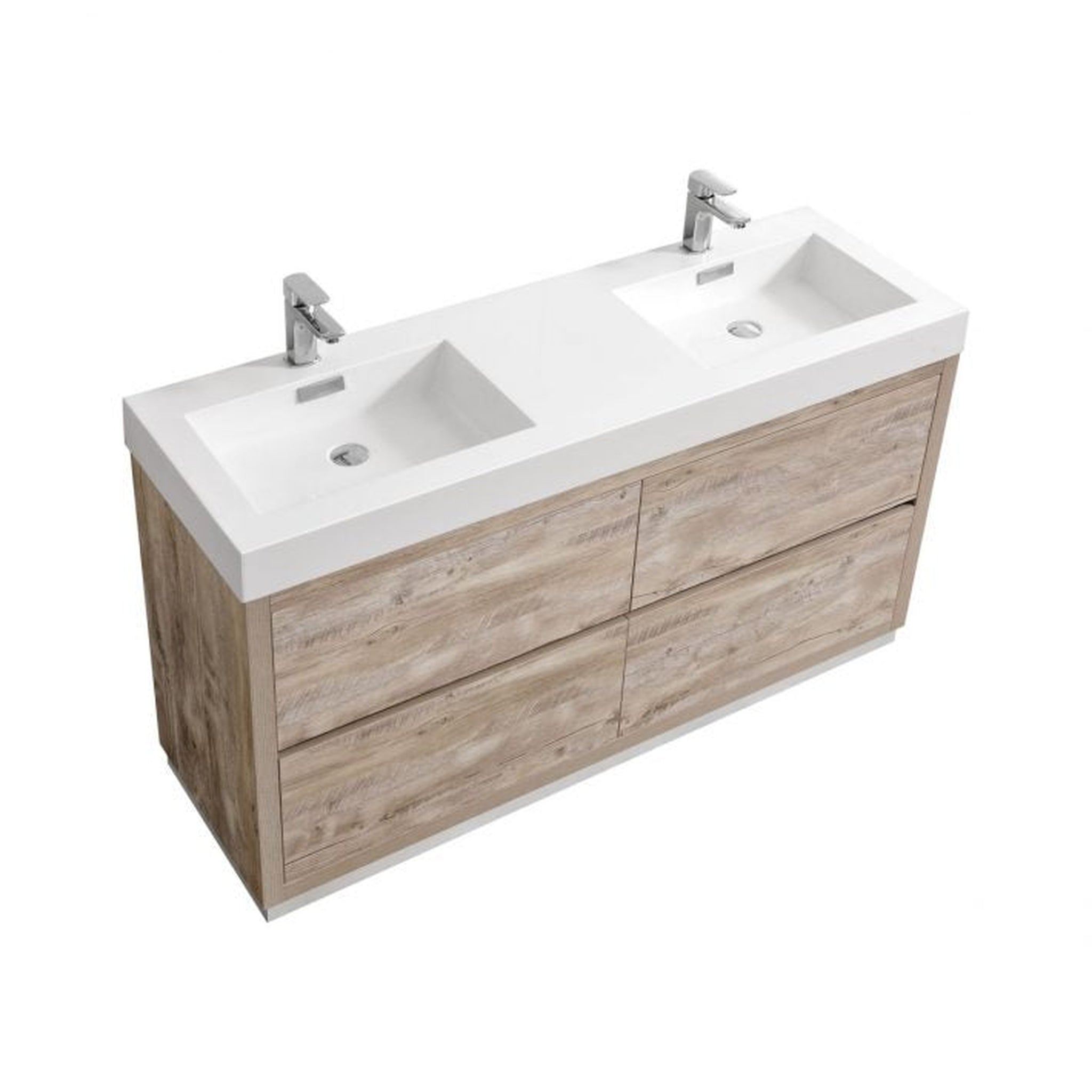 KubeBath, KubeBath Bliss 60" Nature Wood Freestanding Modern Bathroom Vanity With Double Integrated Acrylic Sink With Overflow and 60" Wood Framed Mirror With Shelf