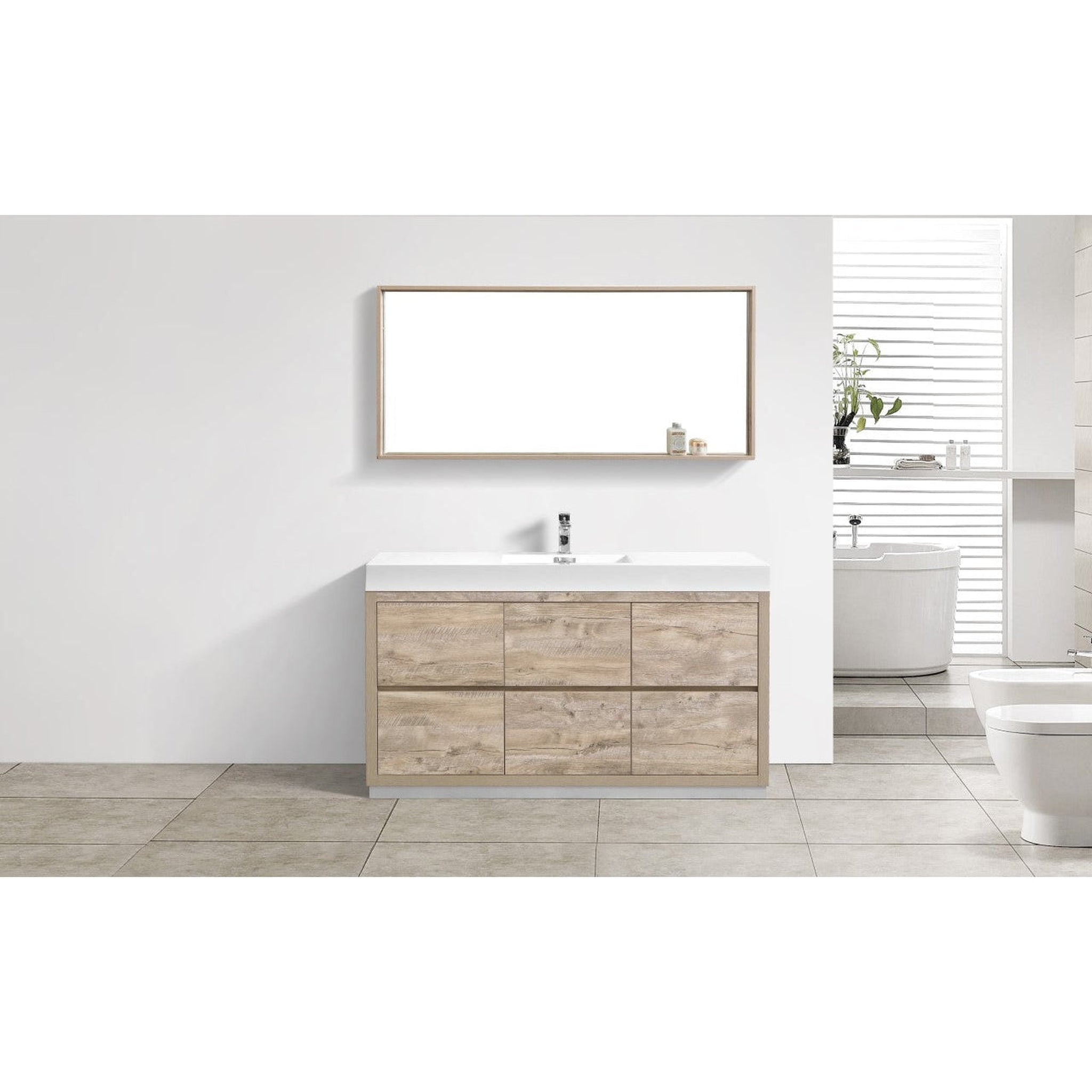 KubeBath, KubeBath Bliss 60" Nature Wood Freestanding Modern Bathroom Vanity With Single Integrated Acrylic Sink With Overflow and 60" Wood Framed Mirror With Shelf