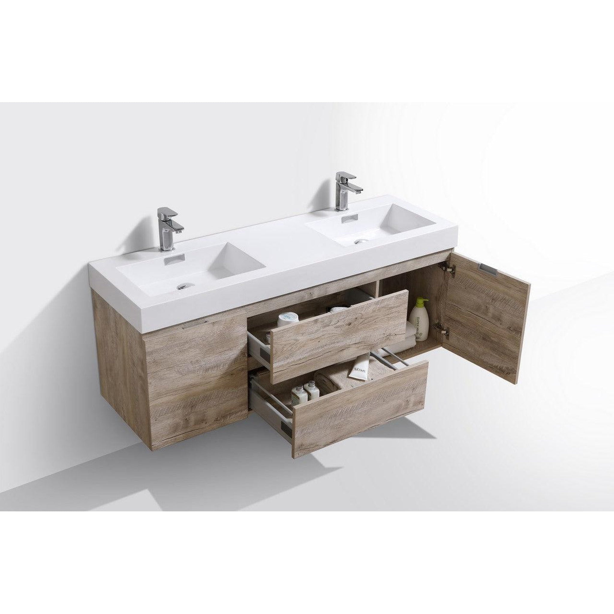 KubeBath, KubeBath Bliss 60" Nature Wood Wall-Mounted Modern Bathroom Vanity With Double Integrated Acrylic Sink With Overflow