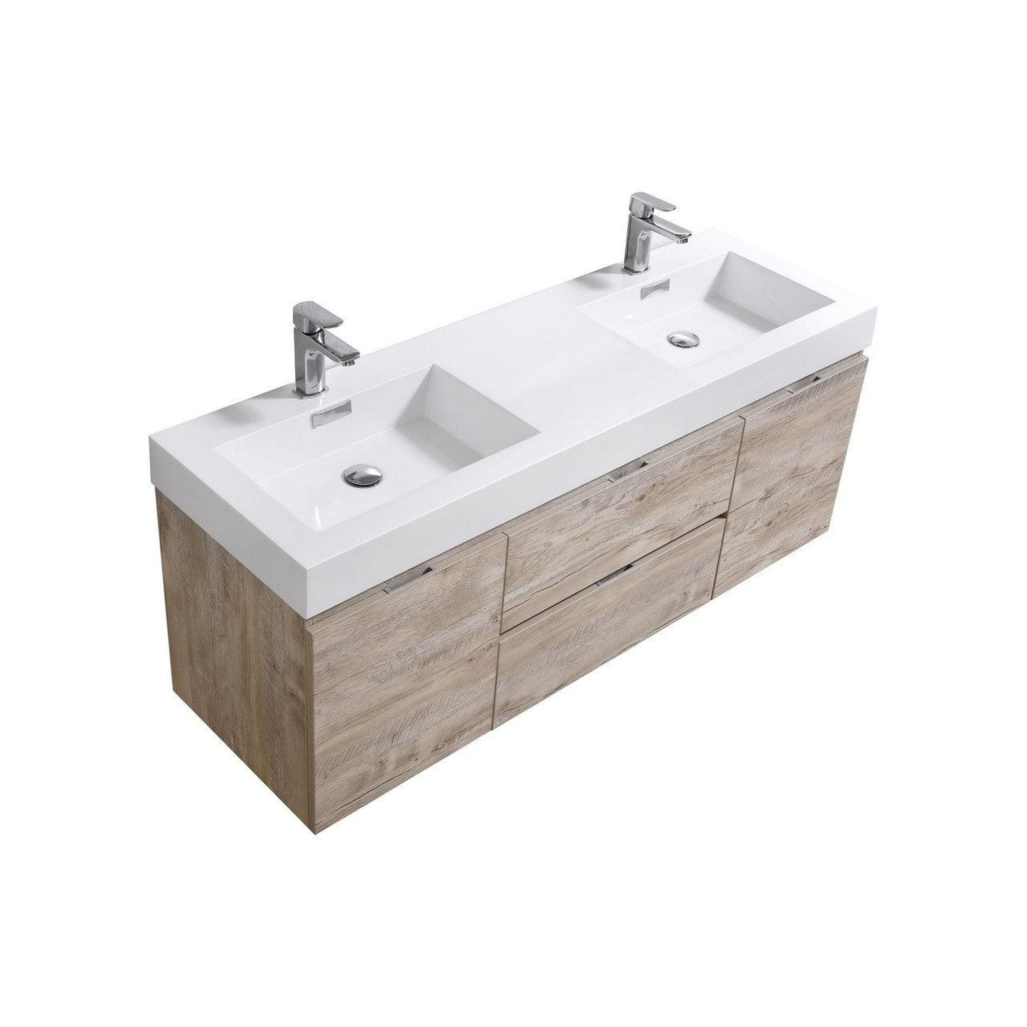 KubeBath, KubeBath Bliss 60" Nature Wood Wall-Mounted Modern Bathroom Vanity With Double Integrated Acrylic Sink With Overflow and 60" Wood Framed Mirror With Shelf