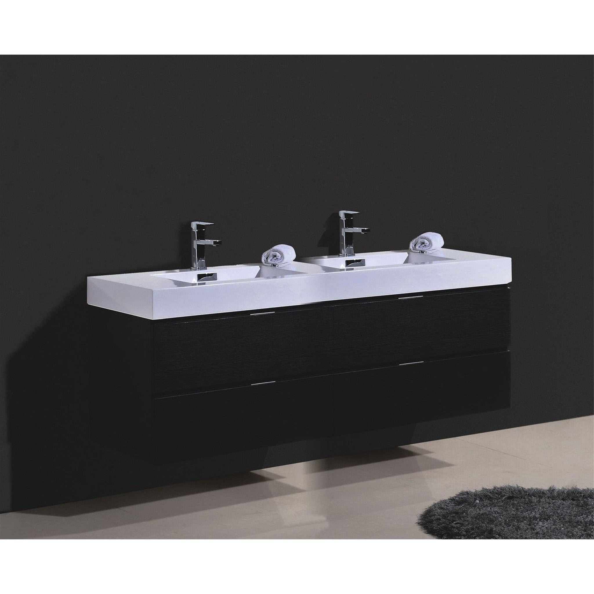 KubeBath, KubeBath Bliss 72" Black Wall-Mounted Modern Bathroom Vanity With Double Integrated Acrylic Sink With Overflow