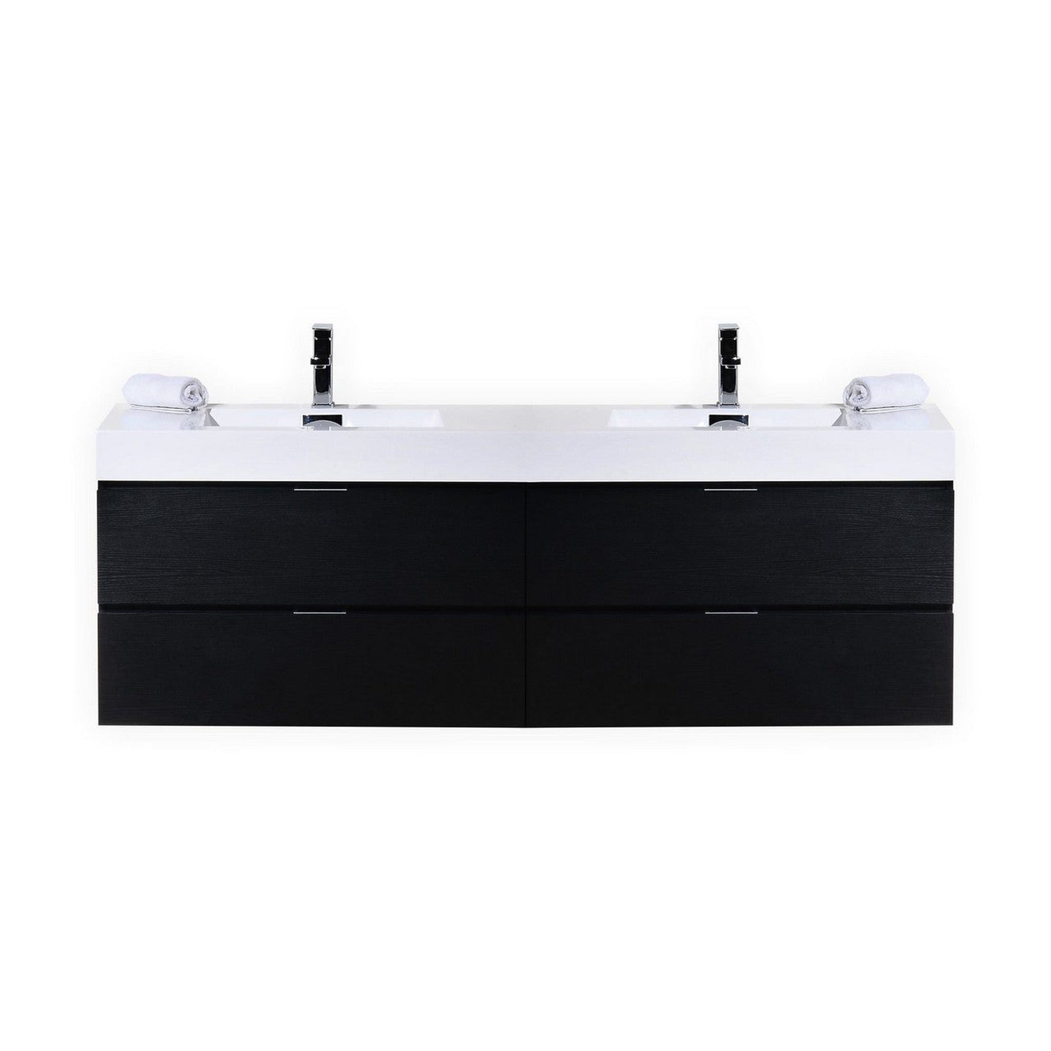 KubeBath, KubeBath Bliss 72" Black Wall-Mounted Modern Bathroom Vanity With Double Integrated Acrylic Sink With Overflow and 22" Black Framed Two Mirrors With Shelf