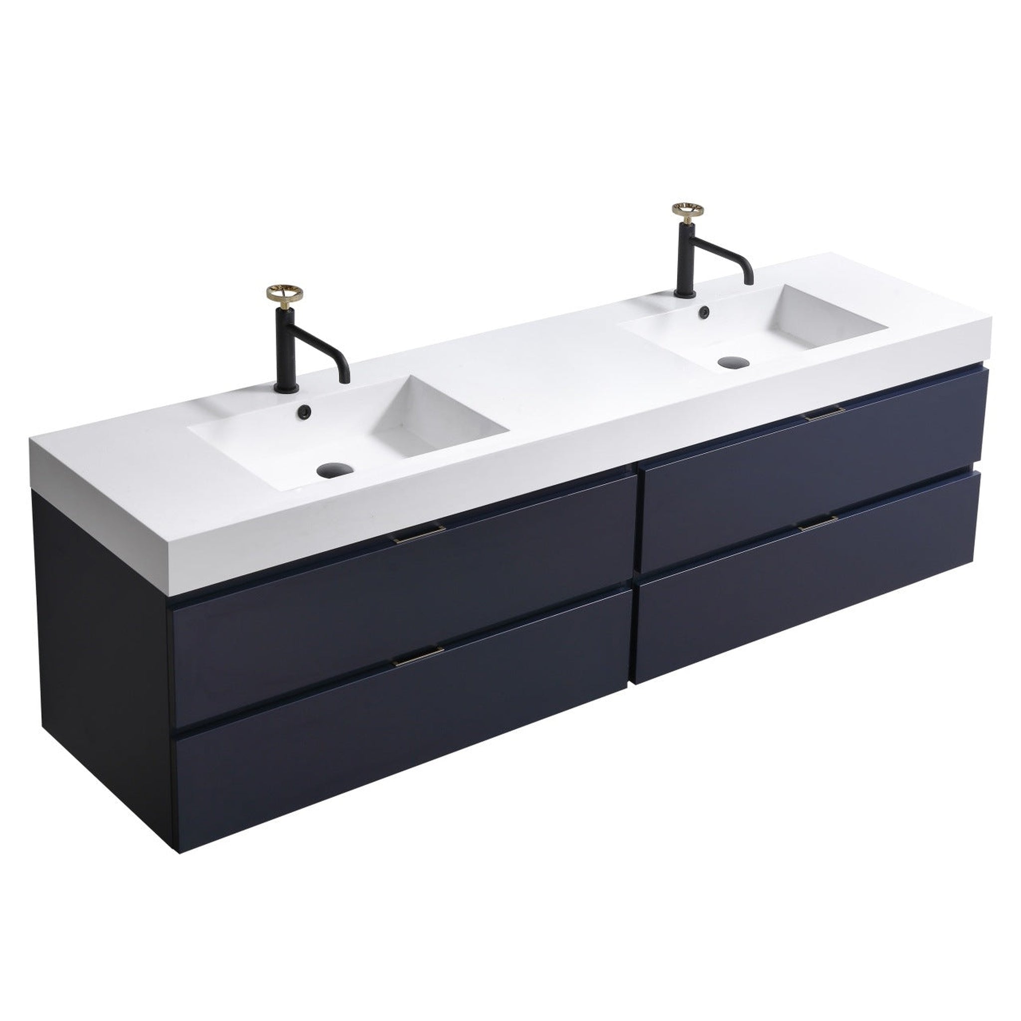 KubeBath, KubeBath Bliss 72" Blue Wall-Mounted Modern Bathroom Vanity With Double Integrated Acrylic Sink With Overflow and 24" White Framed Two Mirrors With Shelf