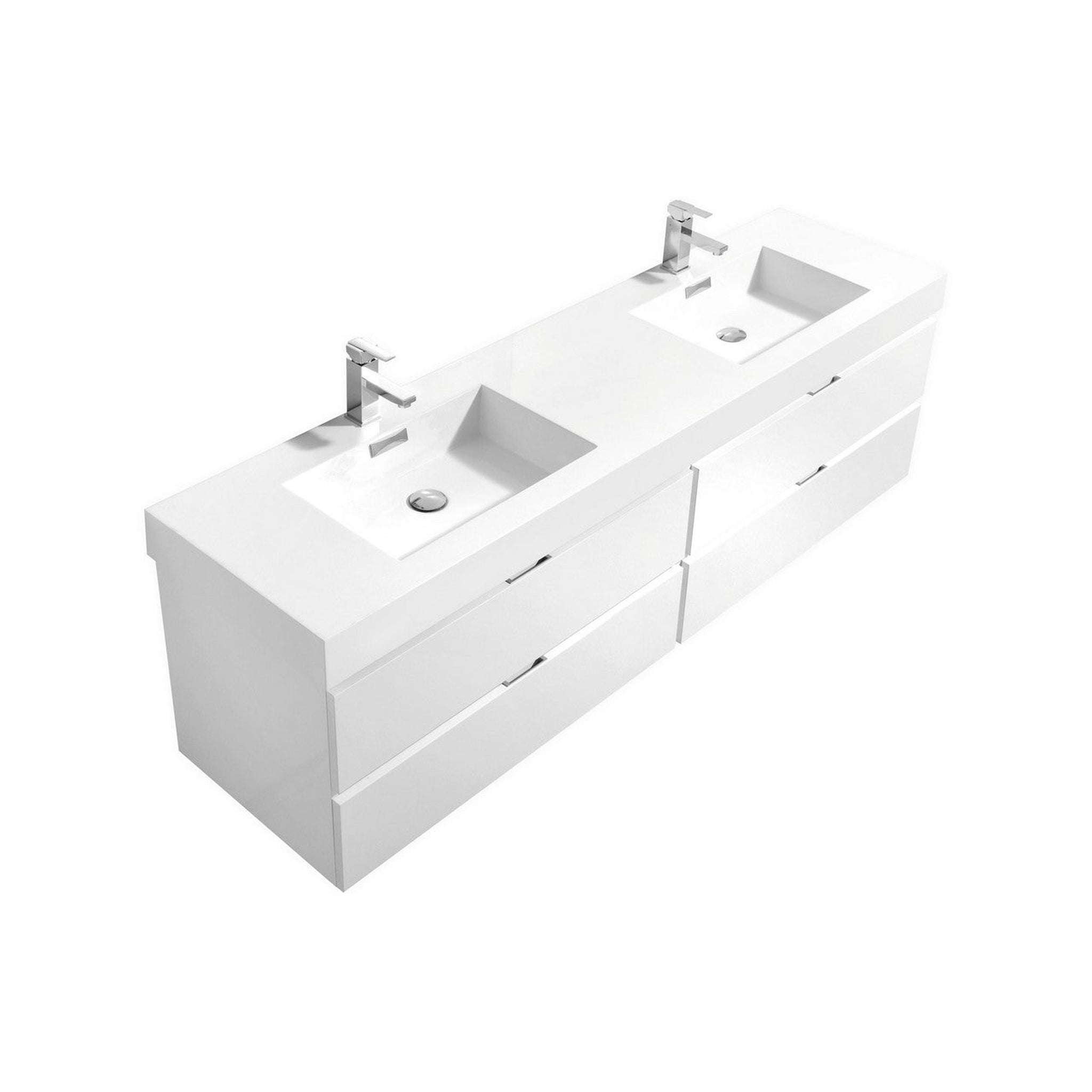 KubeBath, KubeBath Bliss 72" High Gloss White Wall-Mounted Modern Bathroom Vanity With Double Integrated Acrylic Sink With Overflow and 24" White Framed Two Mirrors