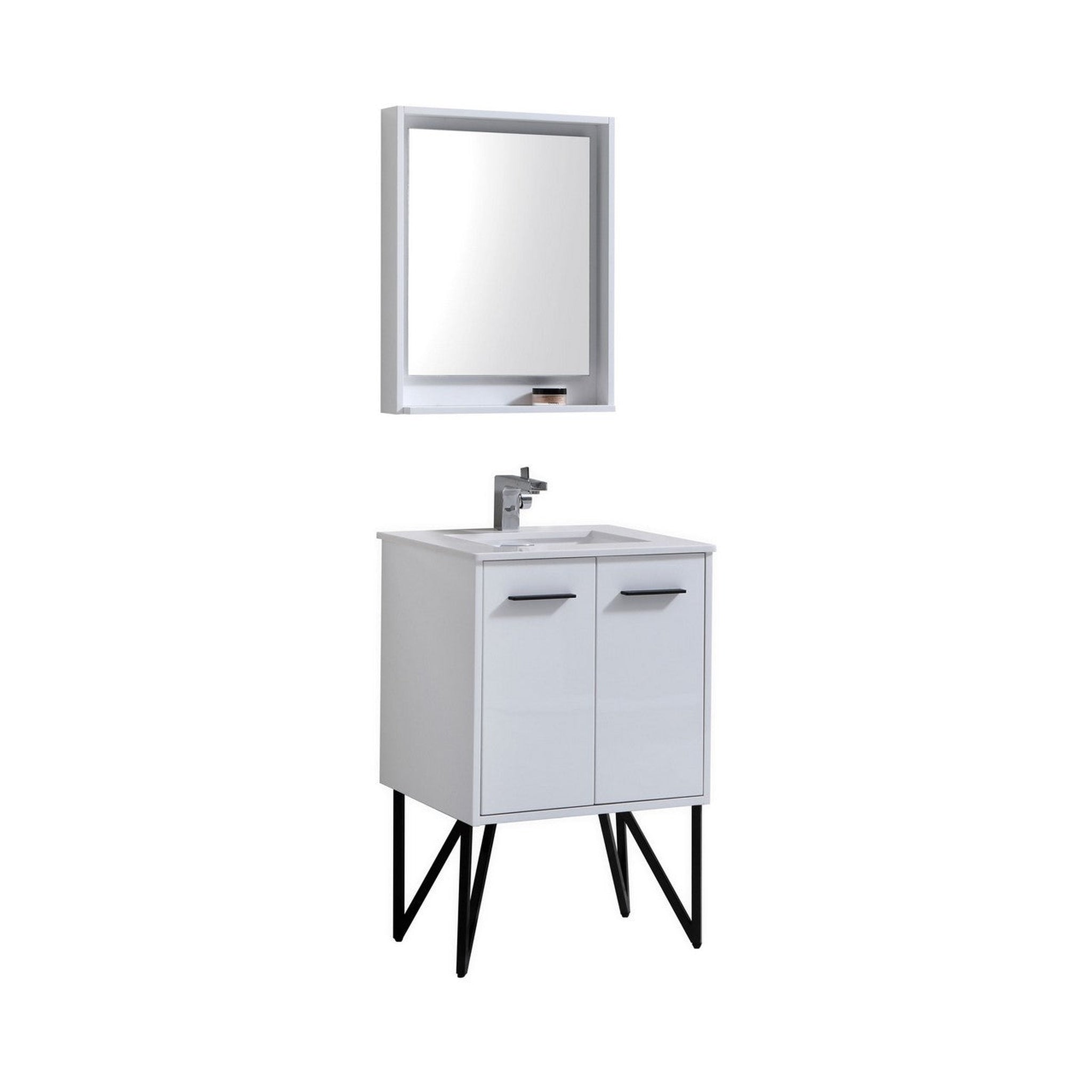 KubeBath, KubeBath Bosco 24" High Gloss White Modern Freestanding Bathroom Vanity With Single Undermount Sink With Overflow and 24" White Framed Mirror