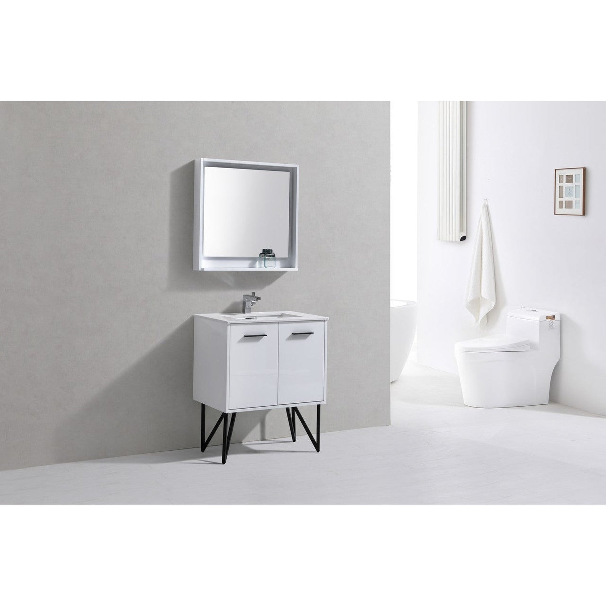 KubeBath, KubeBath Bosco 30" High Gloss White Modern Freestanding Bathroom Vanity With Single Undermount Sink With Overflow