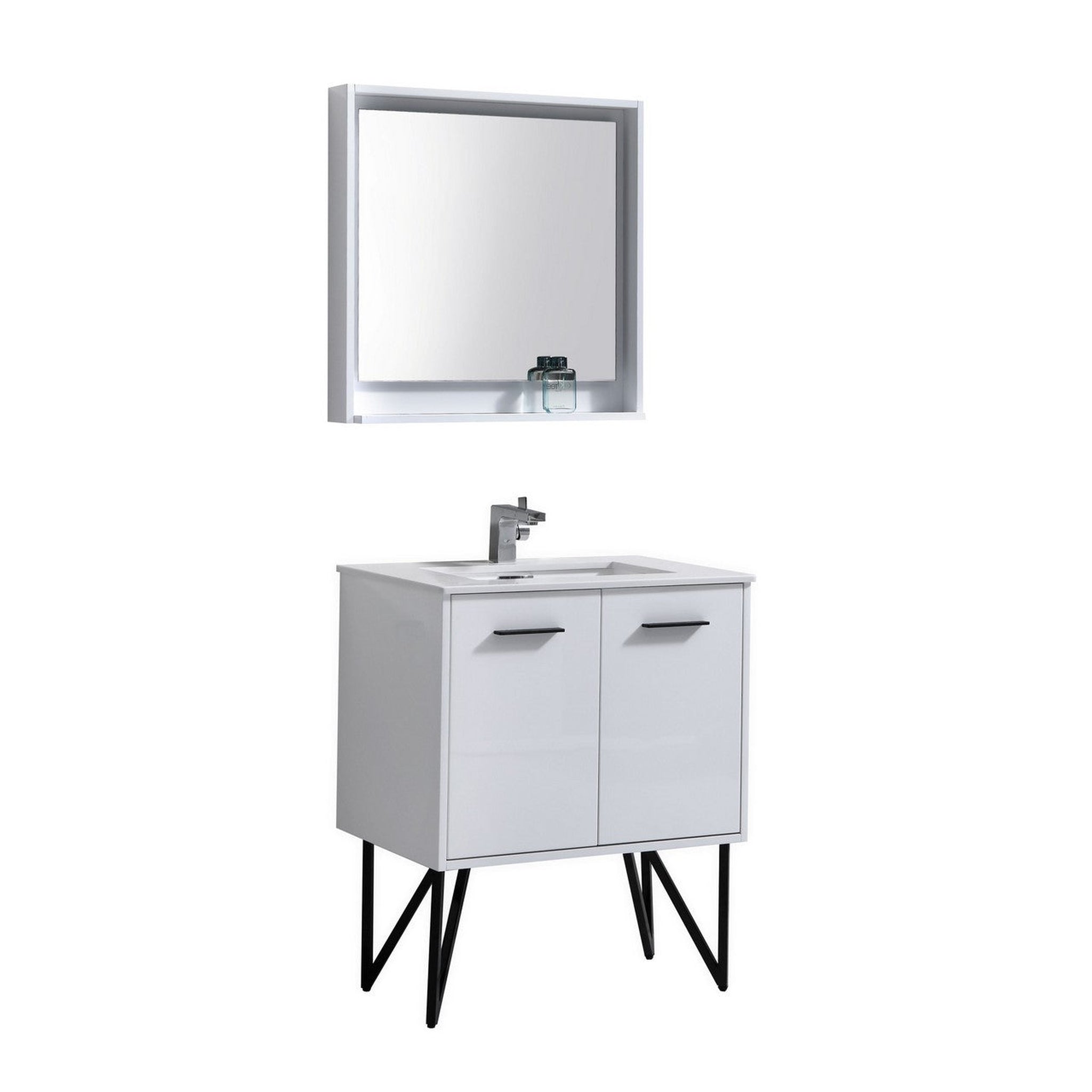 KubeBath, KubeBath Bosco 30" High Gloss White Modern Freestanding Bathroom Vanity With Single Undermount Sink With Overflow and 30" White Framed Mirror