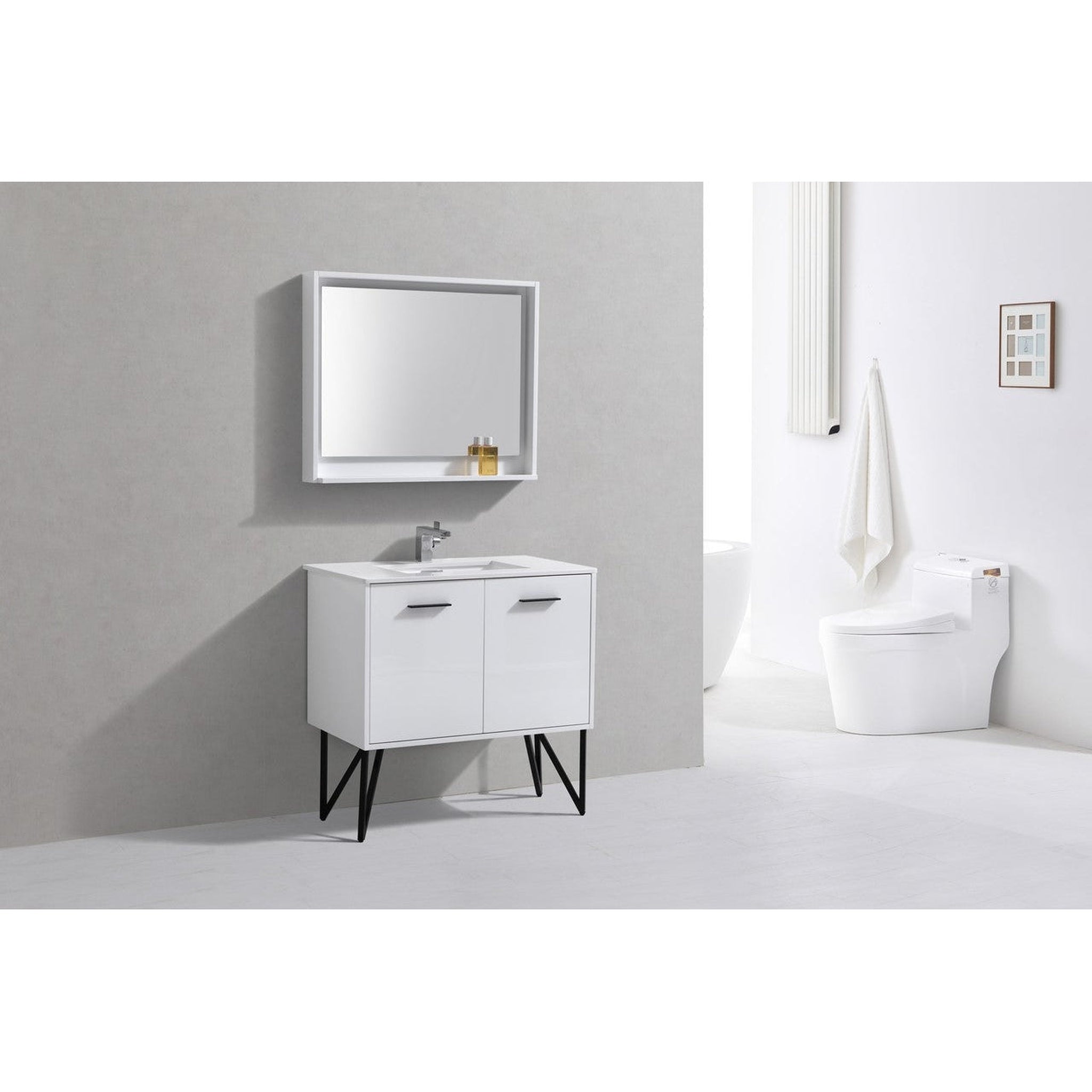 KubeBath, KubeBath Bosco 36" High Gloss White Modern Freestanding Bathroom Vanity With Single Undermount Sink With Overflow