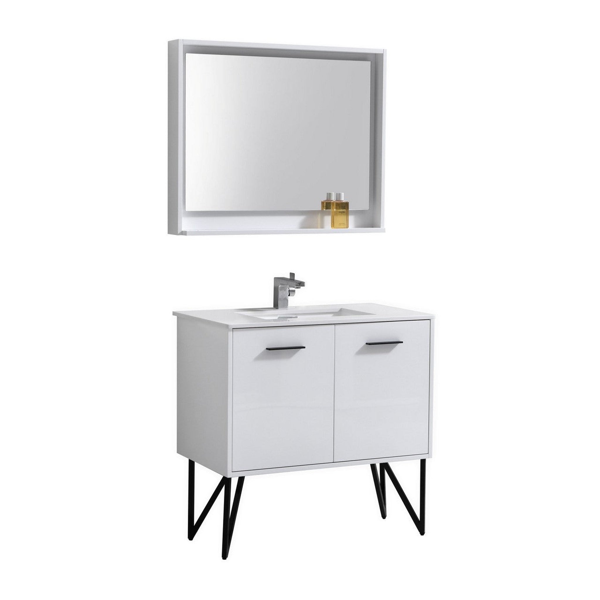 KubeBath, KubeBath Bosco 36" High Gloss White Modern Freestanding Bathroom Vanity With Single Undermount Sink With Overflow and 36" White Framed Mirror