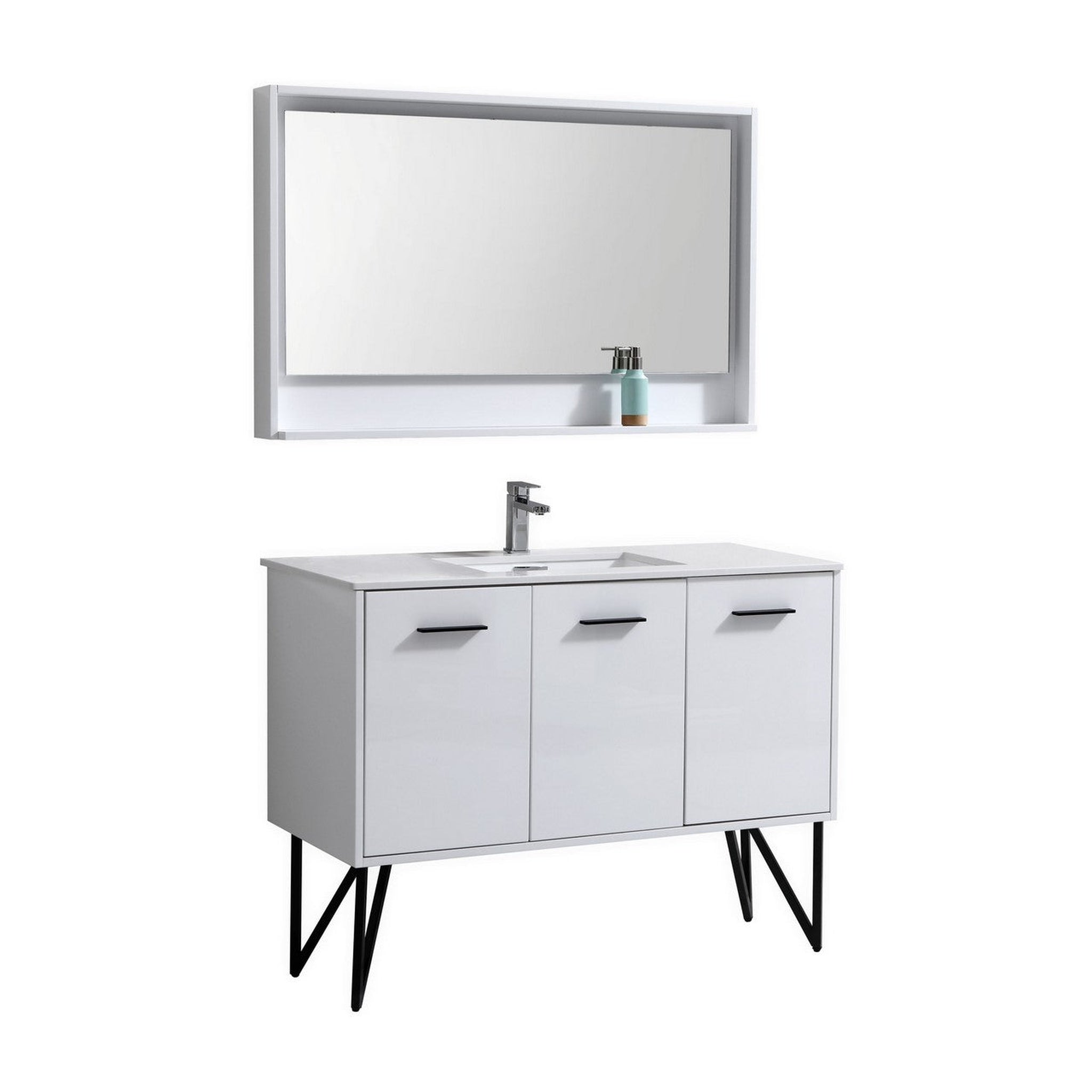 KubeBath, KubeBath Bosco 48" High Gloss White Modern Freestanding Bathroom Vanity With Single Undermount Sink With Overflow and 48" White Framed Mirror