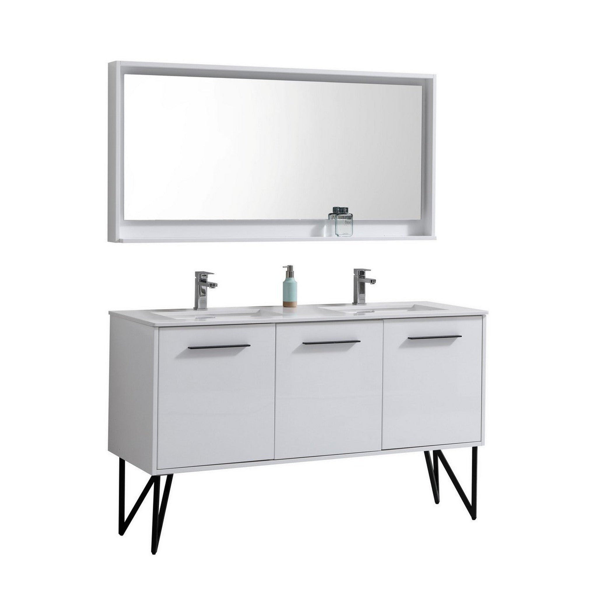 KubeBath, KubeBath Bosco 60" High Gloss White Modern Freestanding Bathroom Vanity With Single Undermount Sink With Overflow and 60" White Framed Mirror