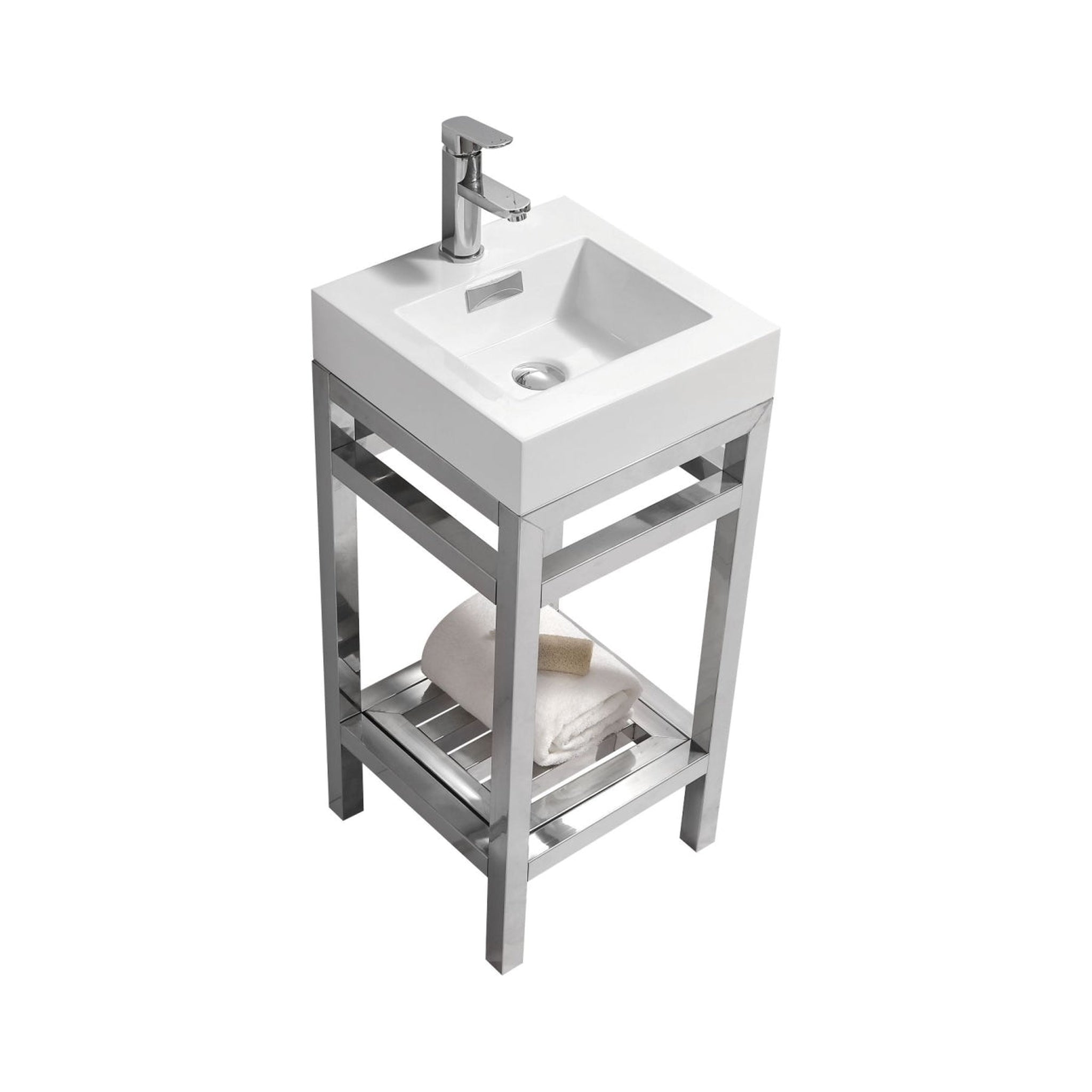 KubeBath, KubeBath Cisco 16" Stainless Steel Chrome Console Freestanding Modern Bathroom Vanity With Single Integrated Acrylic Sink With Overflow and 24" White Framed Mirror